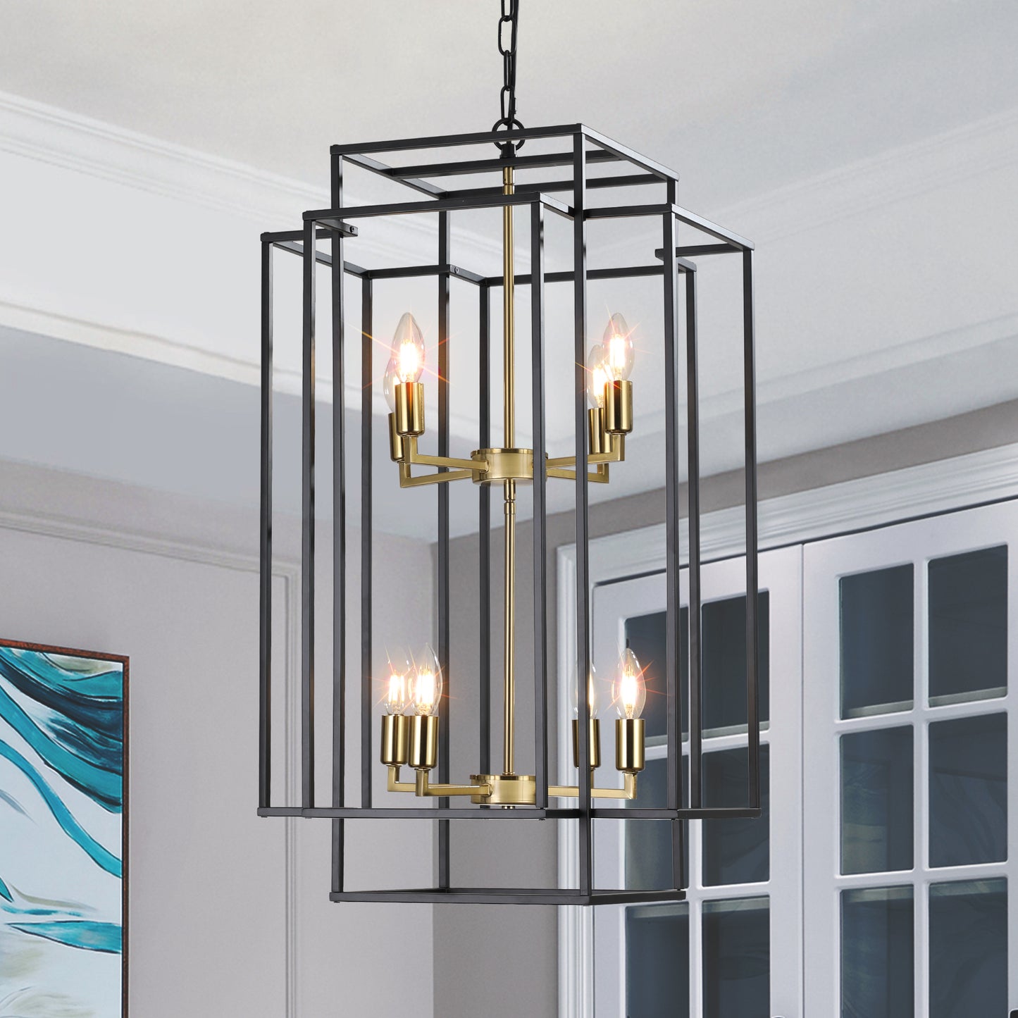 18' Modern 8-Light Geometric Pendant Chandelier, Industrial Metal Frame, Adjustable Hanging