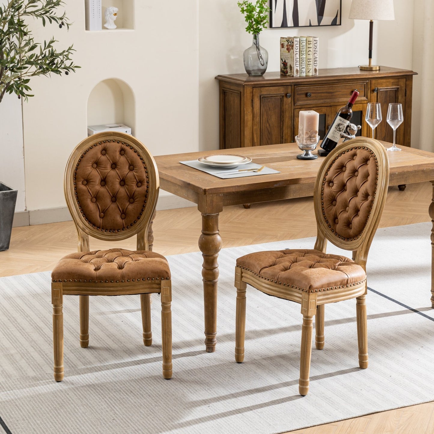 French Style Solid Wood Frame PU Leather Dining Chair with Nailhead Trim, Set of 2