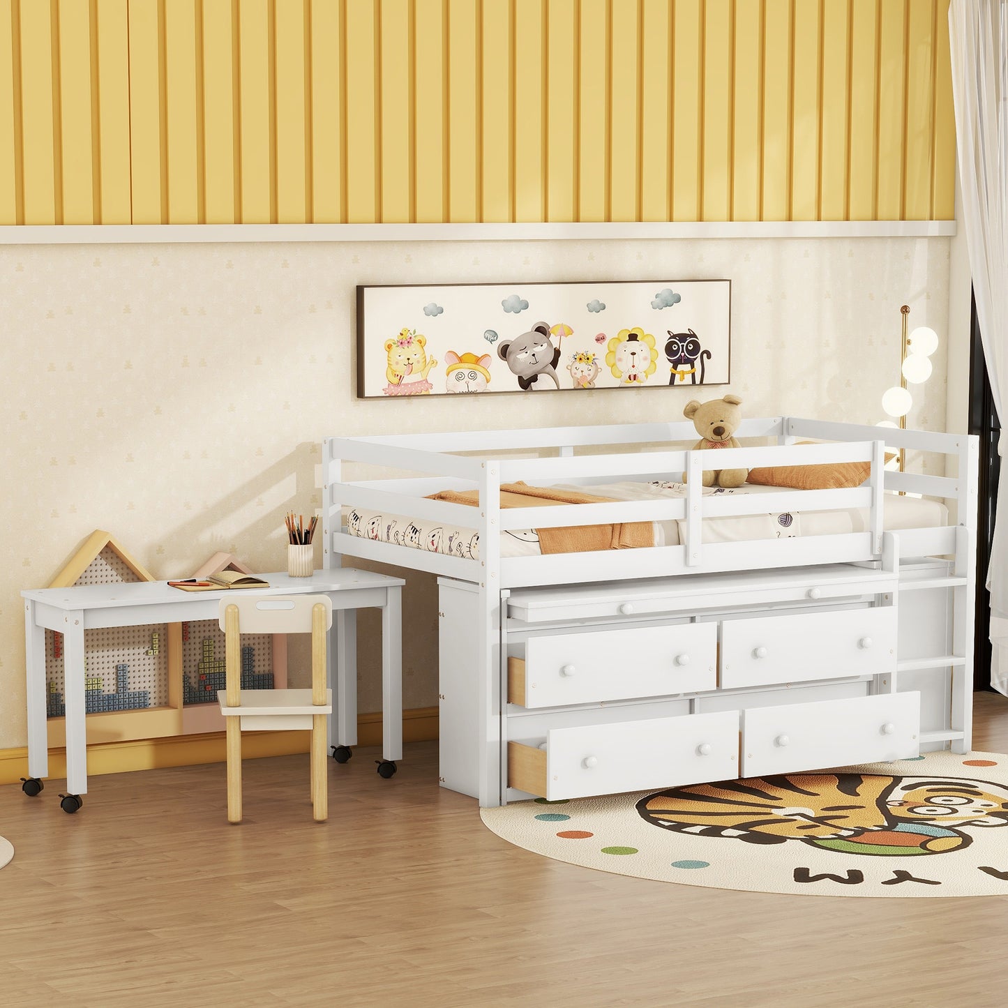 Wooden Loft Bed with Retractable Writing Desk, 4 Drawers and Lateral Portable Desk with