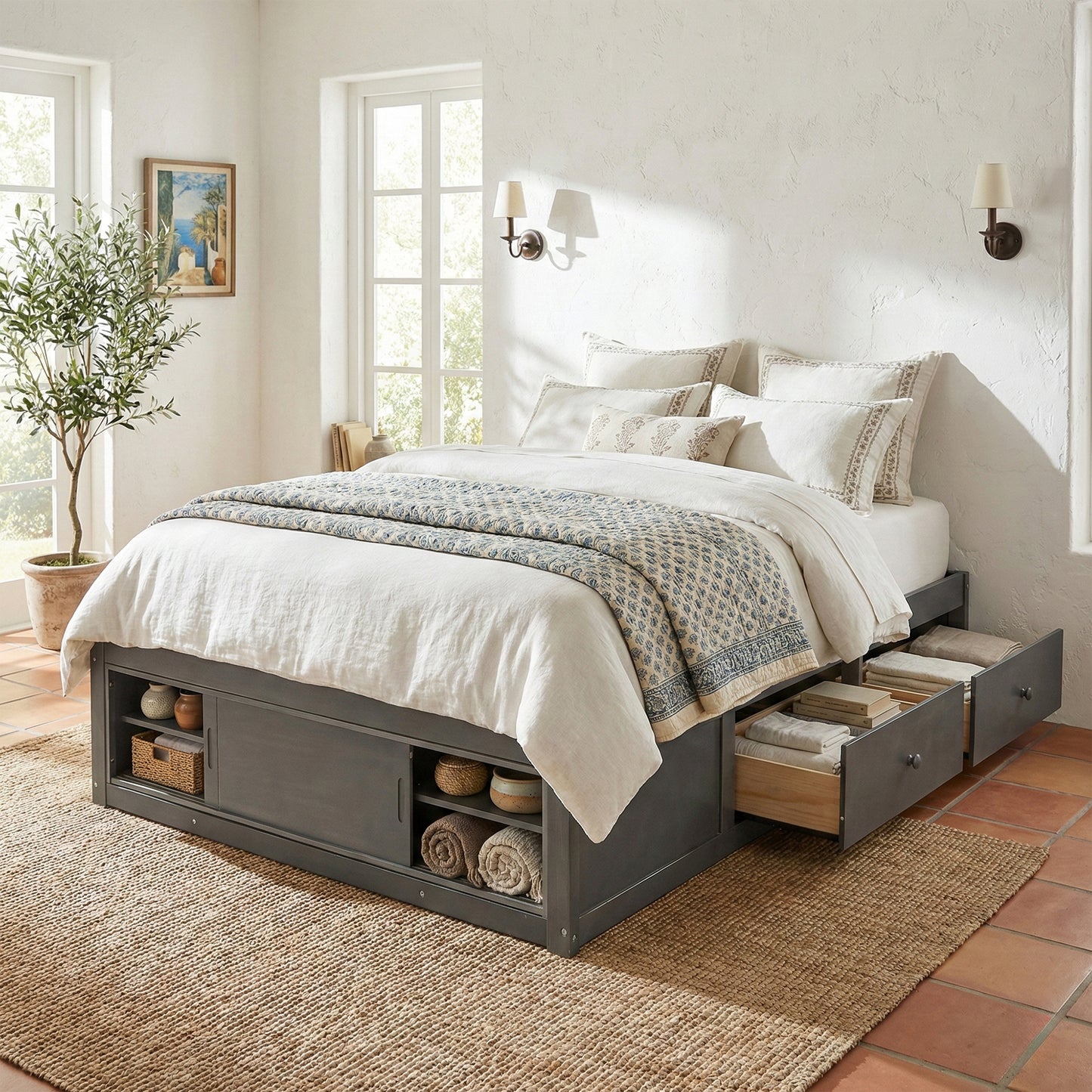 Platform Bed Frame with 4 Storage Drawers and Footboard Storage Cubby, No Headboard
