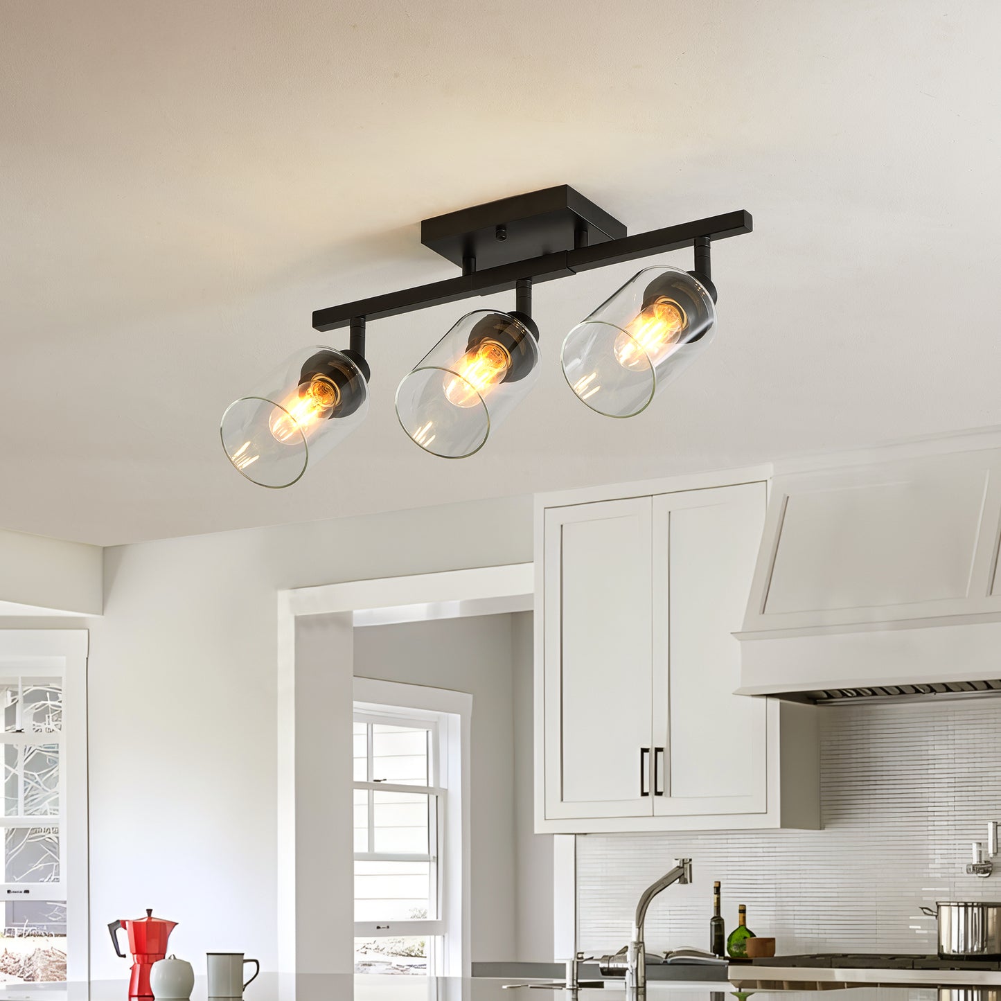 Modern Black Track Lighting Kit with Clear Glass Shades, Rotatable Semi Flush Mount Ceiling Light Fixtures