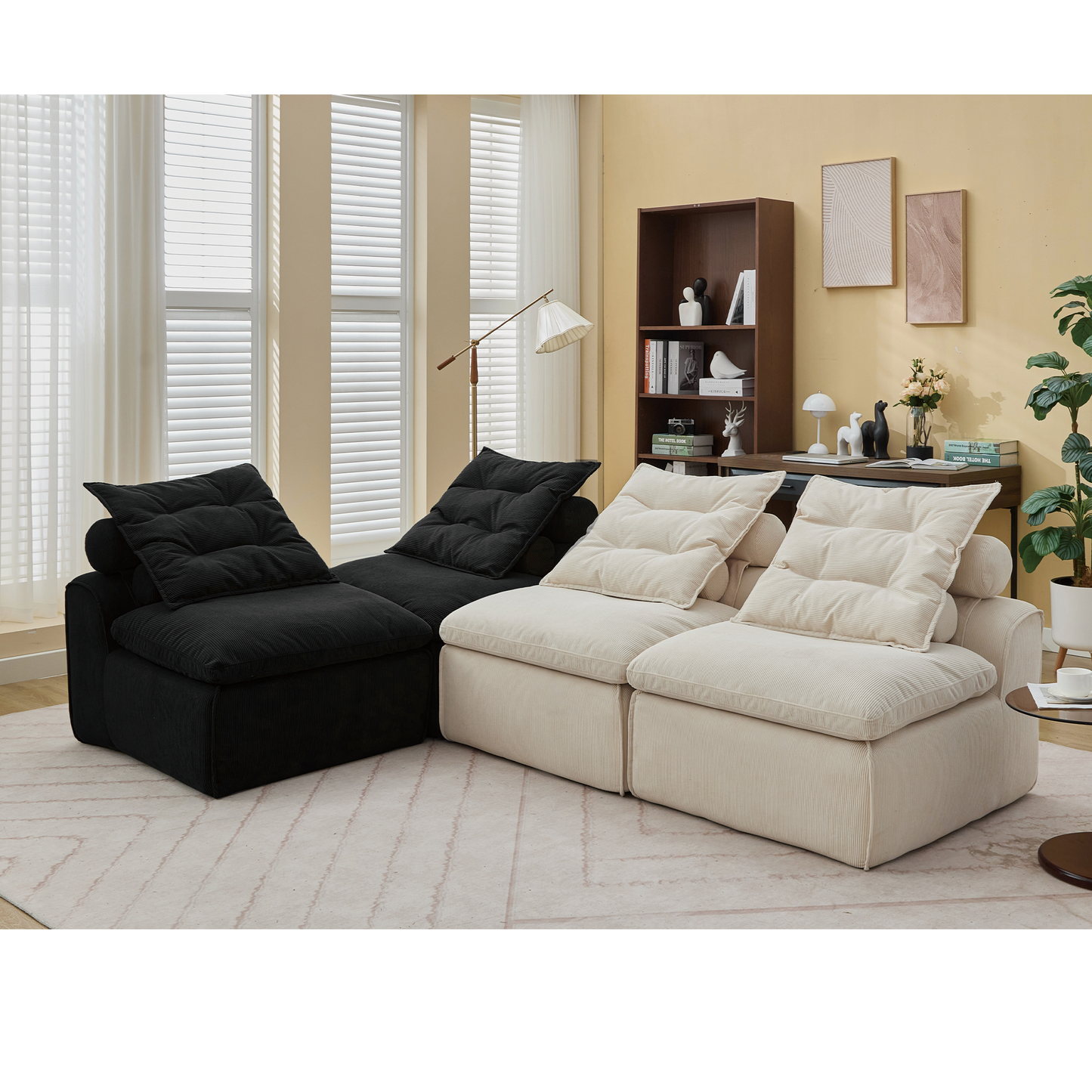 Modular Sofa,No Armrests,At will DIY,Corduroy ,Neck Pillow-Back Lounge Sofa Chair,Reading Nook, or Apartment Living, Lumbar Pillow,4 Seats,Upholstered,Beige,Black