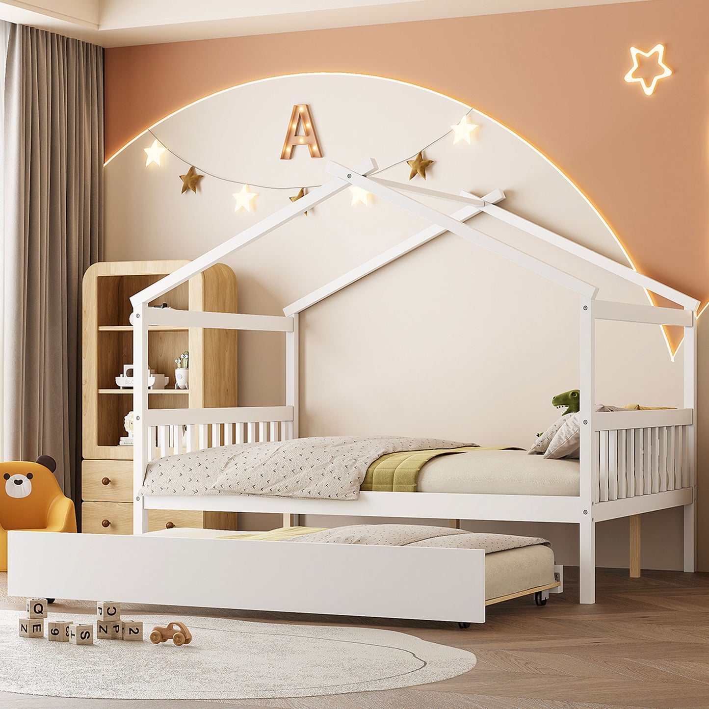 Full Size Wooden House Bed with Twin Size Trundle