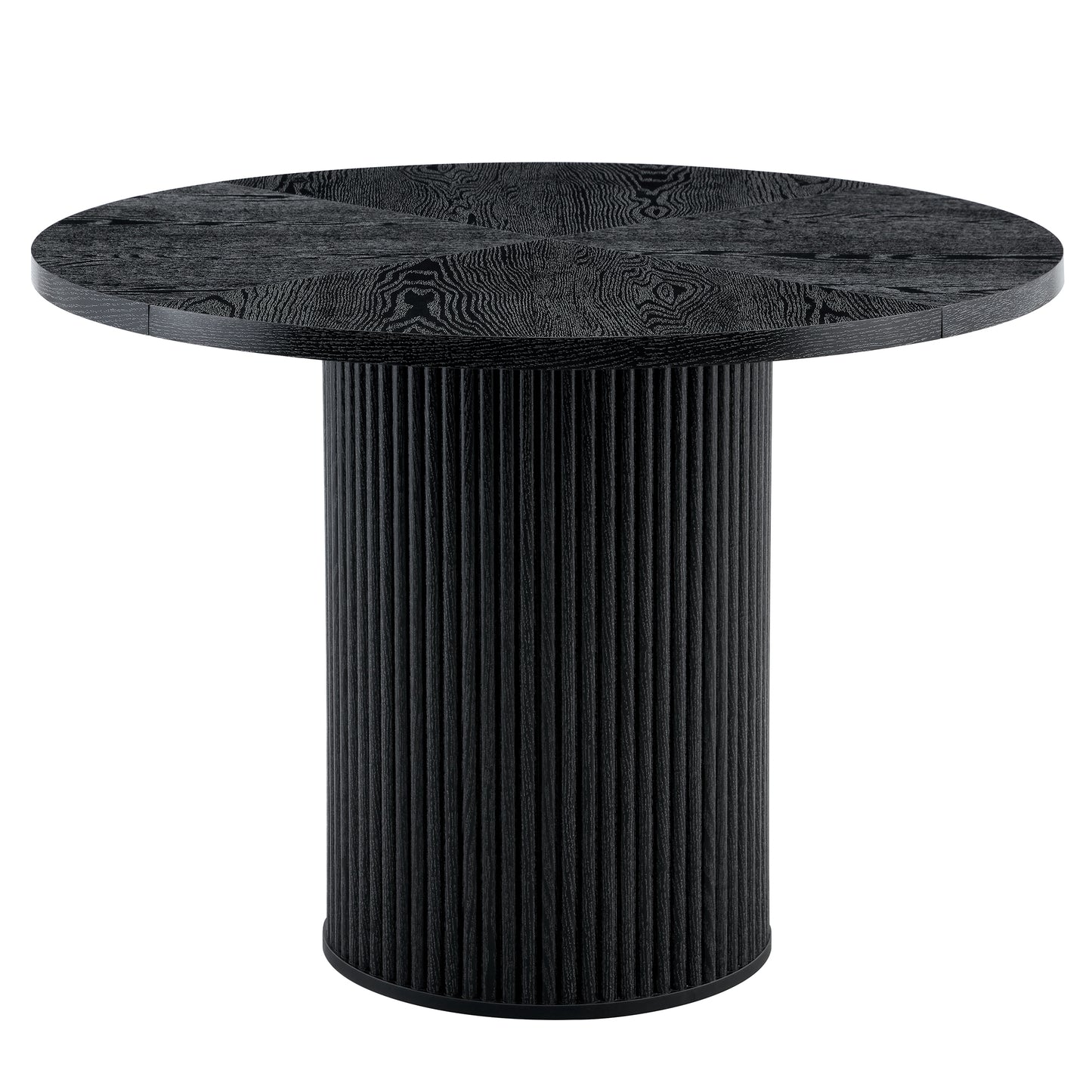A modern spliced circular dining table with a diameter of 42 inches, featuring black wood color textures fan-shaped diagonal color splicing board design, interpreting home aesthetics and practicality.