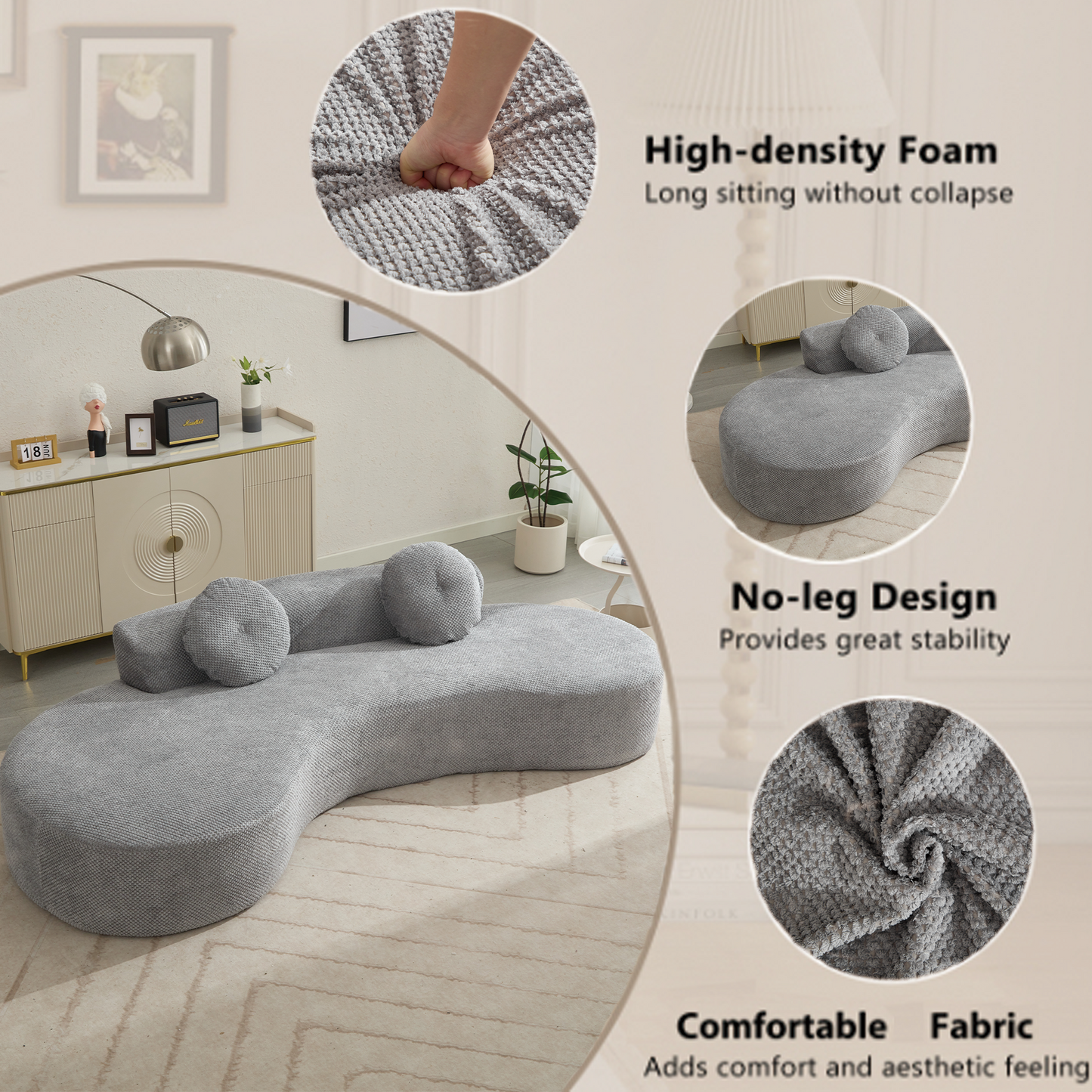 105.5''Curved Sofa, Modern Minimalist Sofa, Cloud Couch Sofa 3-4 Seater Couch with 2 Pillows,Bedroom,  No Assembly Required, Point-shaped corduroy,(Anti-Wrinkle) , Gray