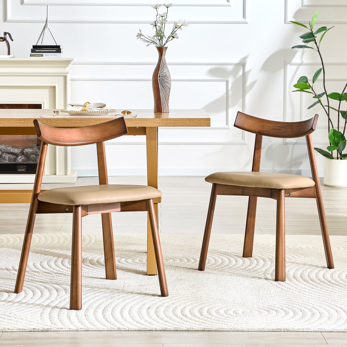 Set of 2 Solid Wood Dining Chairs with PU Soft Cushions and Curved Backrests