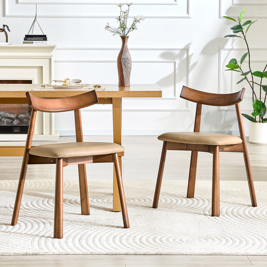 Solid Wood Dining Chairs Set of 2, Walnut Finish Dining Chairs with PU Upholstered Seat, Ergonomic Curved Backrest & Cross-Leg Base for Dining Room Kitchen