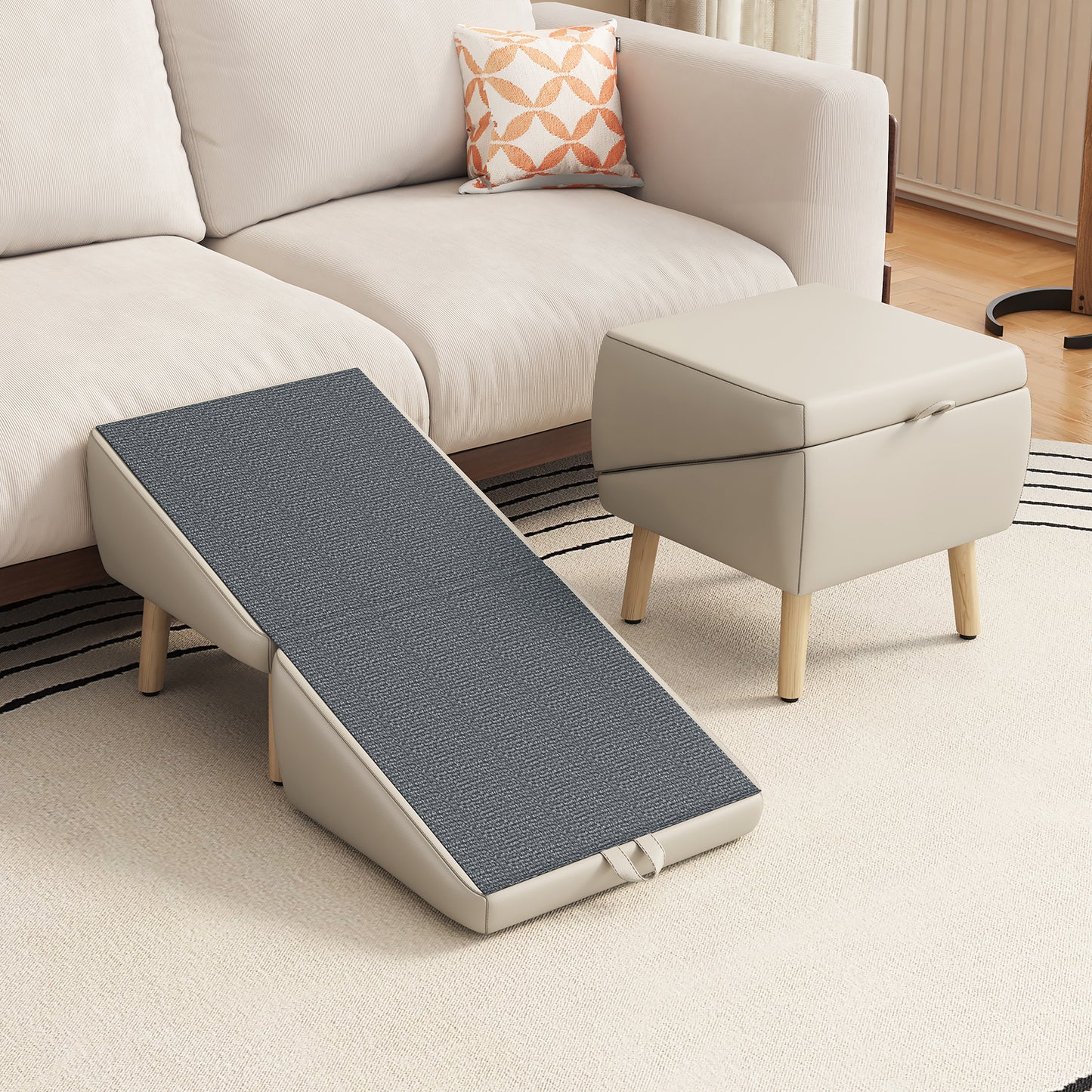Foldable Wooden Dog Stairs and Ramp for Couch & Bed, 2-in-1 Pet Steps with Storage Ottoman for Small Dogs & Cats