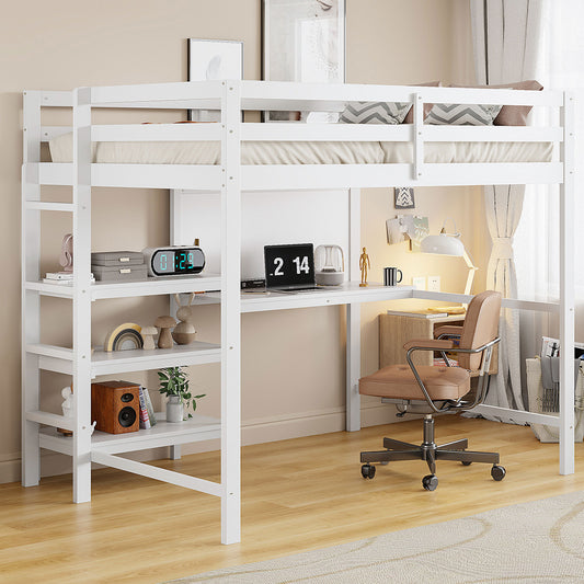 Loft Bed, Twin Size, Solid Wood and MDF with Shelves and Built-In Desk for Bedroom or Study Space