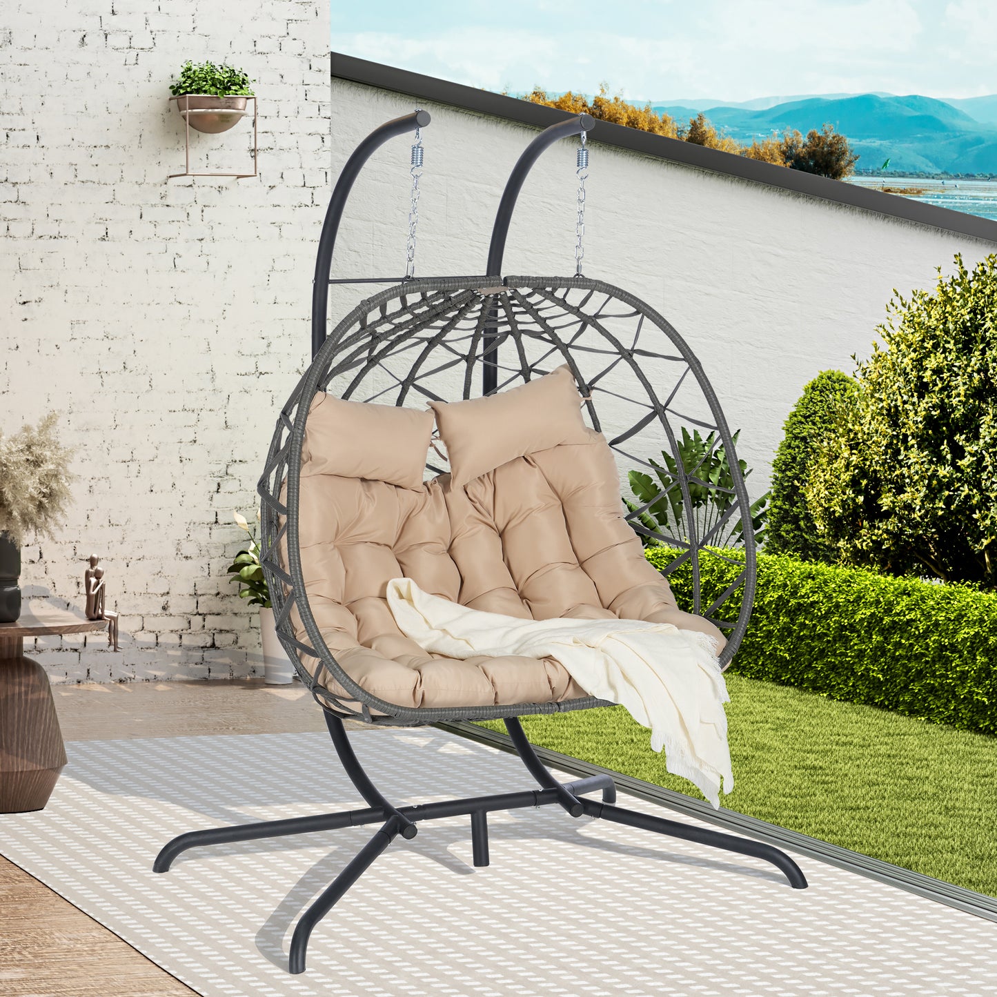 Double Egg Hanging Chair with Stand – 2 Person Wicker Swing Chair with Cushion, Outdoor Patio Hammock Chair