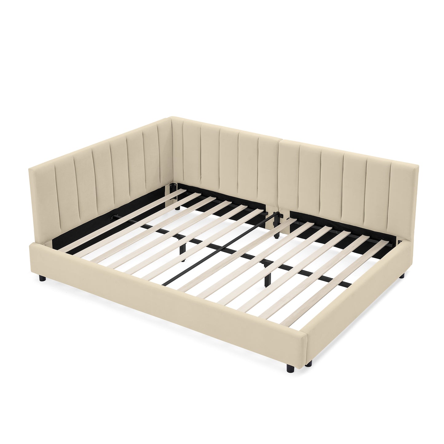 Mid-Century Velvet Upholstered Tufted Bed Frame with Backrest and Armrests