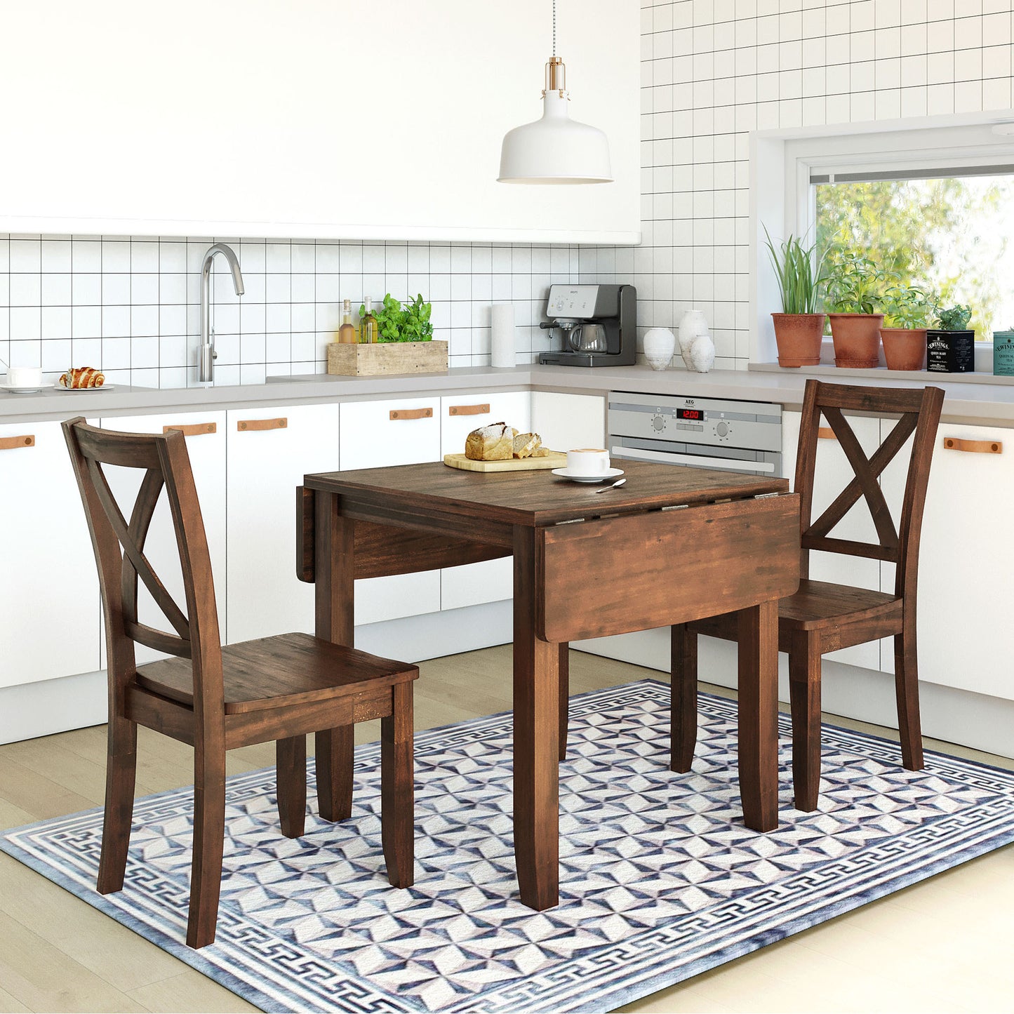3-Piece Wood Drop Leaf Breakfast Nook Dining Table Set with 2 X-back Chairs for Small Spaces