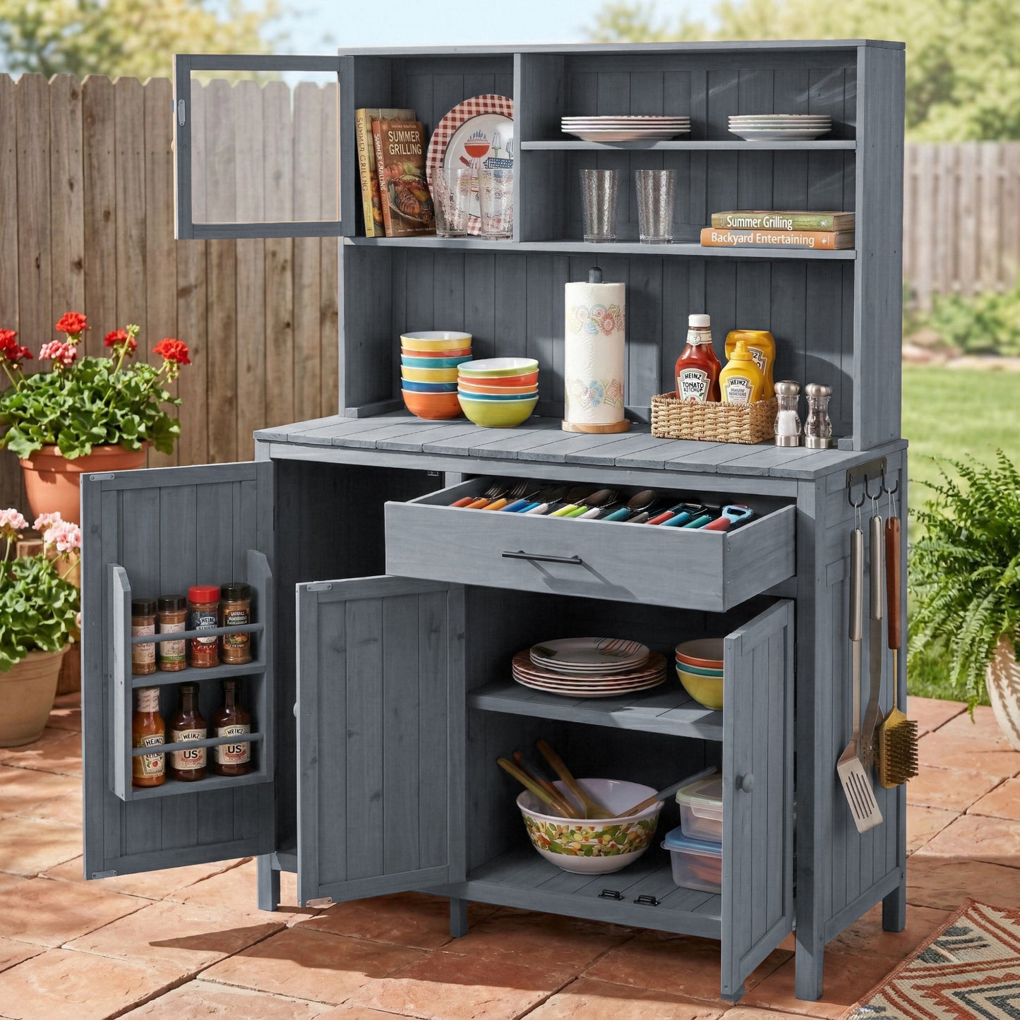 Potting Bench with Hutch, 65' H Solid Fir Wood Garden Workstation, Large Countertop, Patio Kitchen Island with Adjustabl
