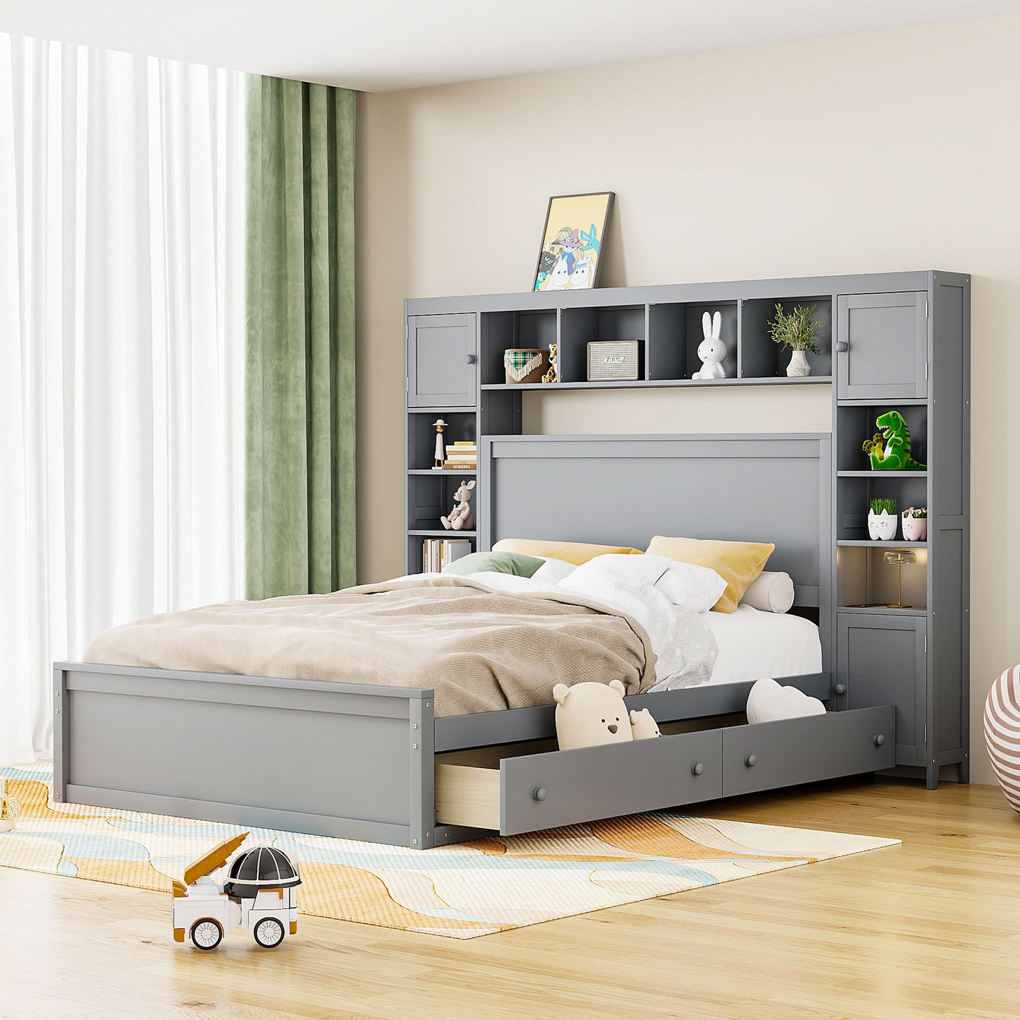 Wooden Bed with All-in-One Cabinet, Shelf and Sockets