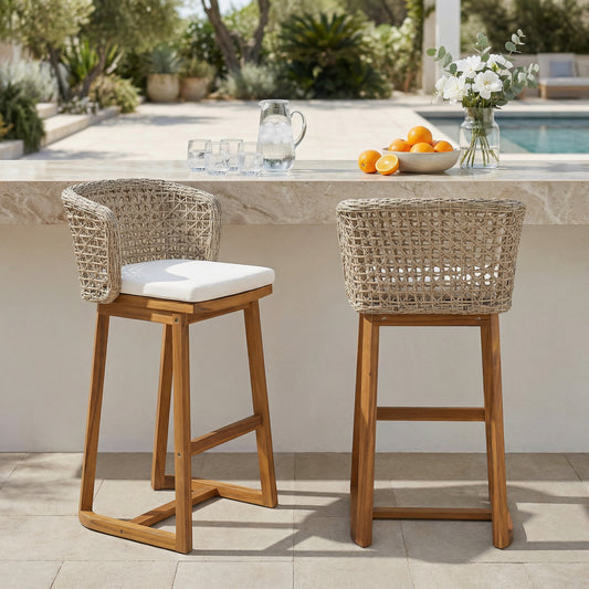 Outdoor Acacia Wood Bar Stools Set of 2 – Teak Finish Bar Height Chairs with Wicker Back, Beige Cushions & Footrest for Patio, Poolside & Kitchen Island