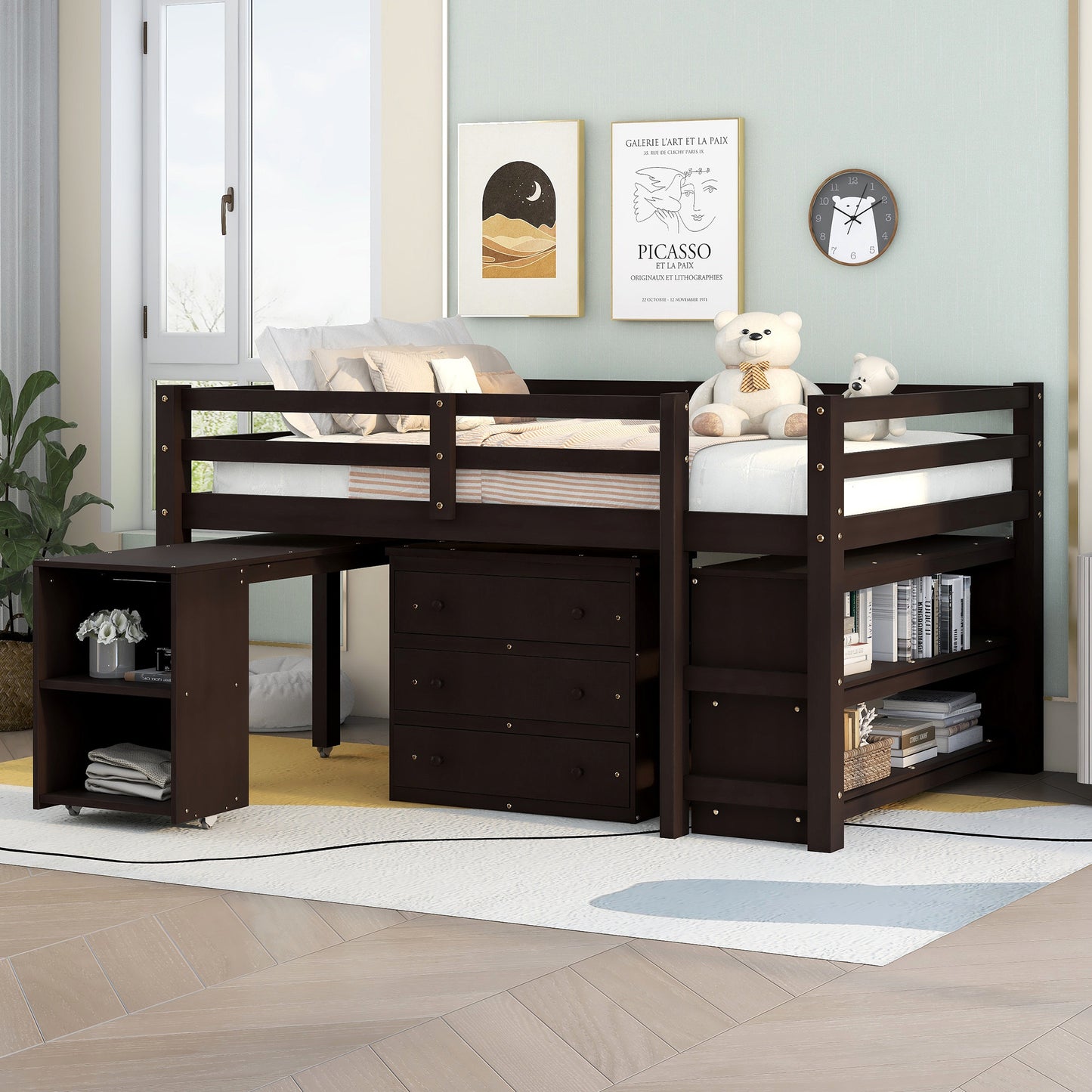 Low Study Full Loft Bed with Cabinet, Shelves and Rolling Portable Desk, Multiple Functions Bed