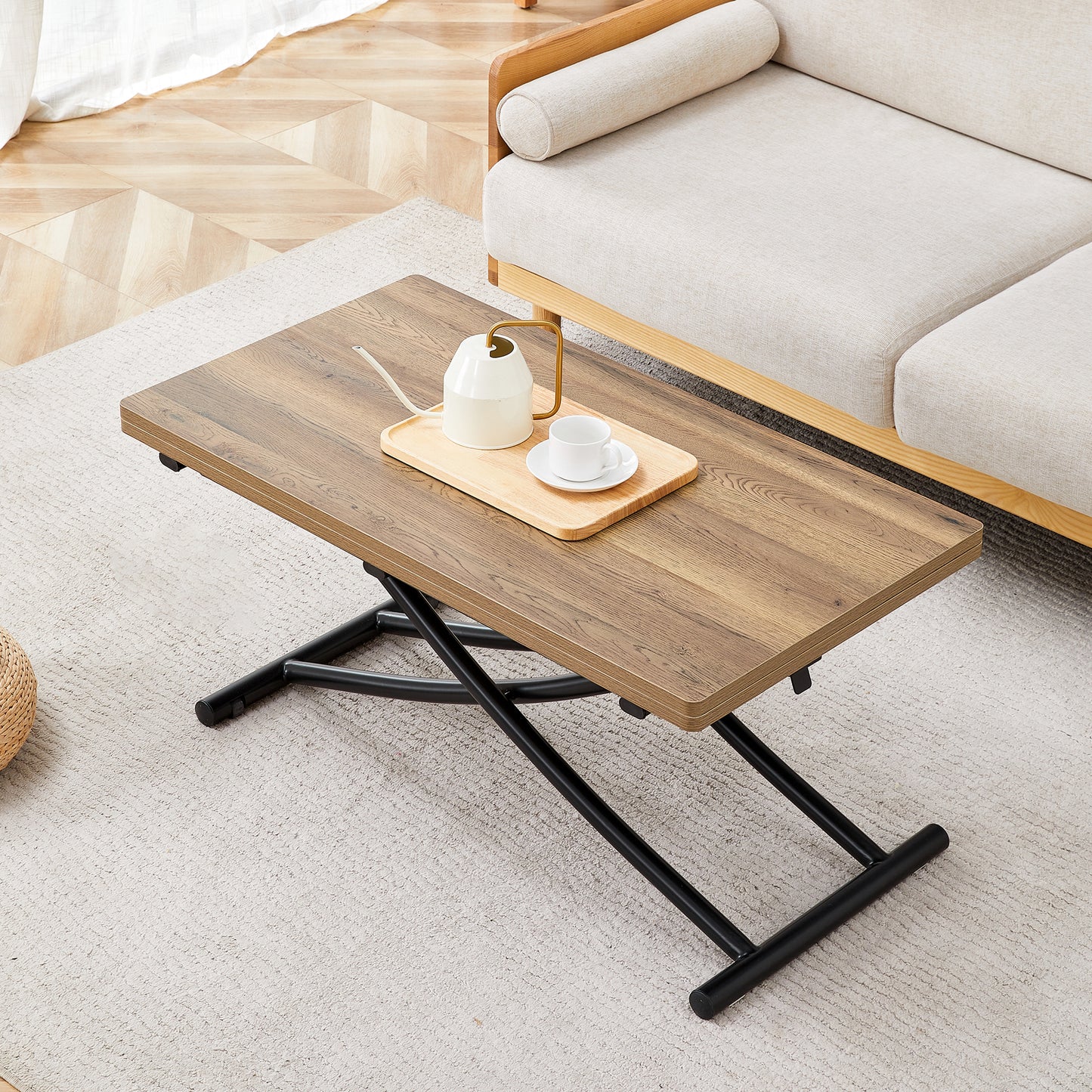 Modern Lift Top Coffee Table – Multifunctional Adjustable Table with Storage, MDF Desktop & Metal Legs