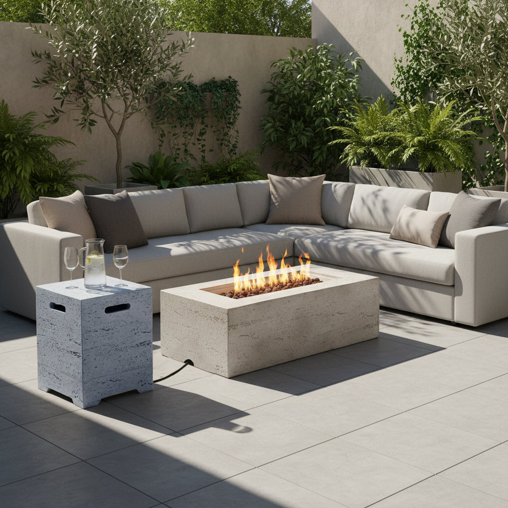 2-in-1 Outdoor Fire Pit & Propane Tank Stand Set,41.9''Outdoor Rectangular Propane Fire Pit 40000 BTU With 15.75''MGO Pr