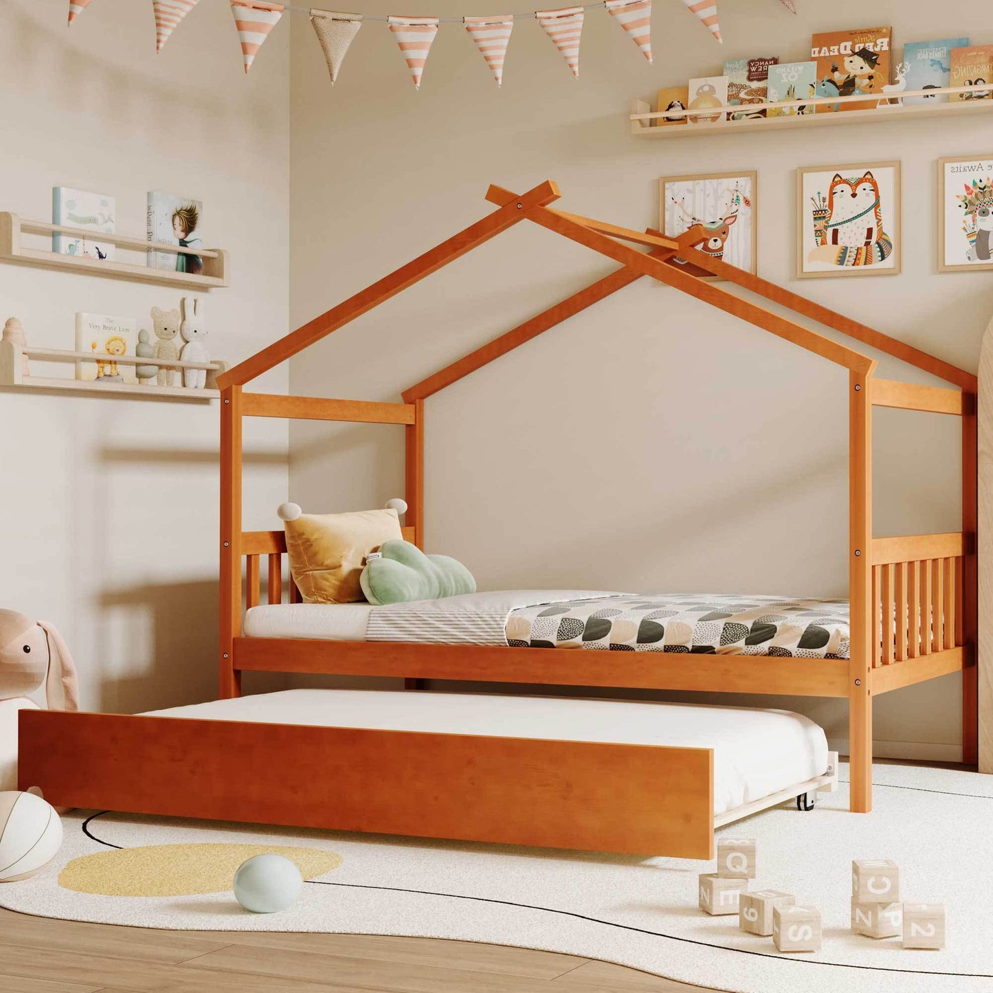 Twin Size Wooden House Bed with Twin Size Trundle