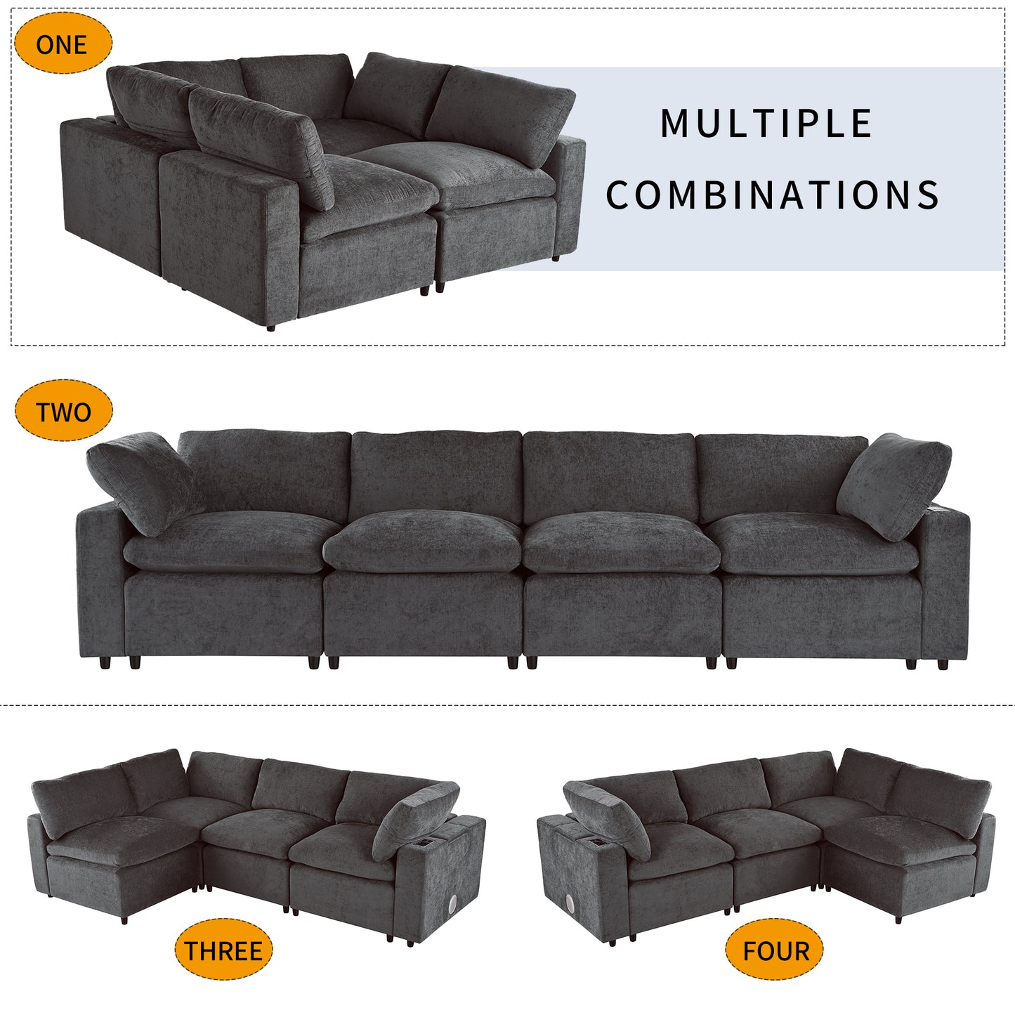 Upholstered Modular Sofa with  with Storage Space, USB Charge Ports,Wireless Charging and Built-in Bluetooth Speaker in Arm,Sectional sofa for Living Room Apartment.[old sku:WY000317AAE]