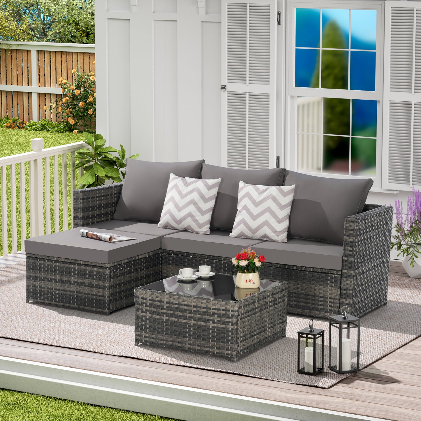 2 Piece Outdoor L-Shaped Wicker Patio Set – Sectional Sofa with Ottoman, Rattan Garden Furniture