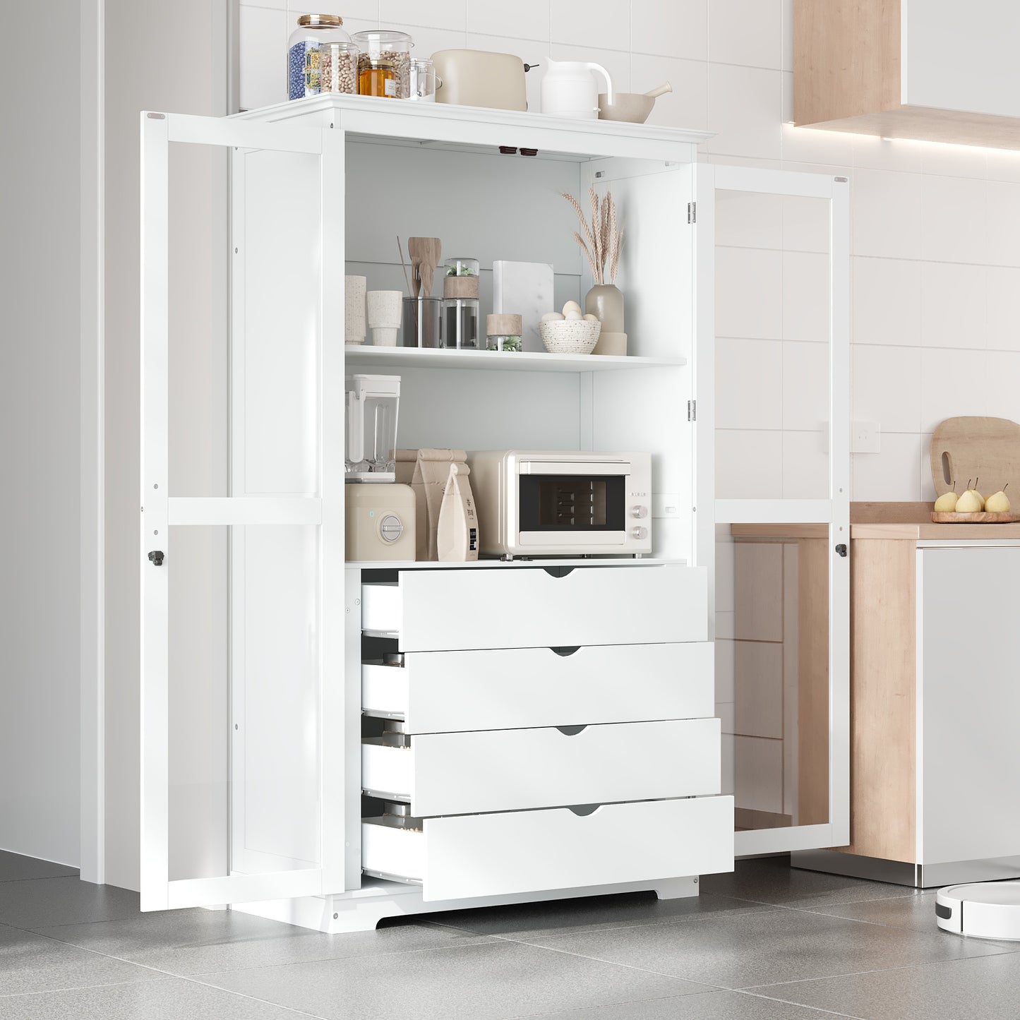 75' Kitchen Pantry, Freestanding Kitchen Storage Cabinet Display Cabinet with Glass Doors and 4 Built-in Drawers for Liv