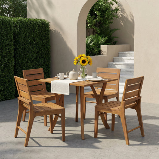 5-Piece Acacia Wood Outdoor Dining Set – 31.5" Teak Finish Square Patio Table with 4 Slatted Back Chairs for Garden, Backyard & Balcony