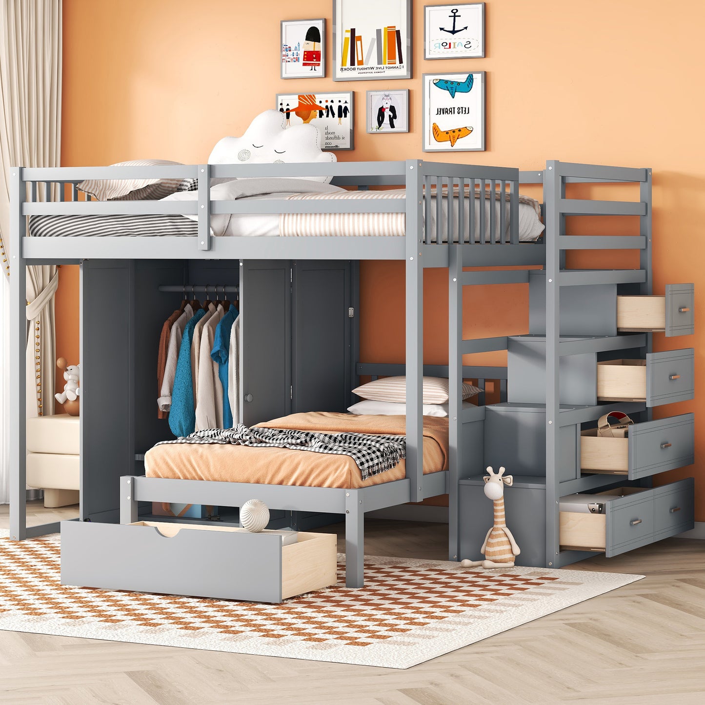 Full Over Twin Bunk Bed with Wardrobe and Drawers