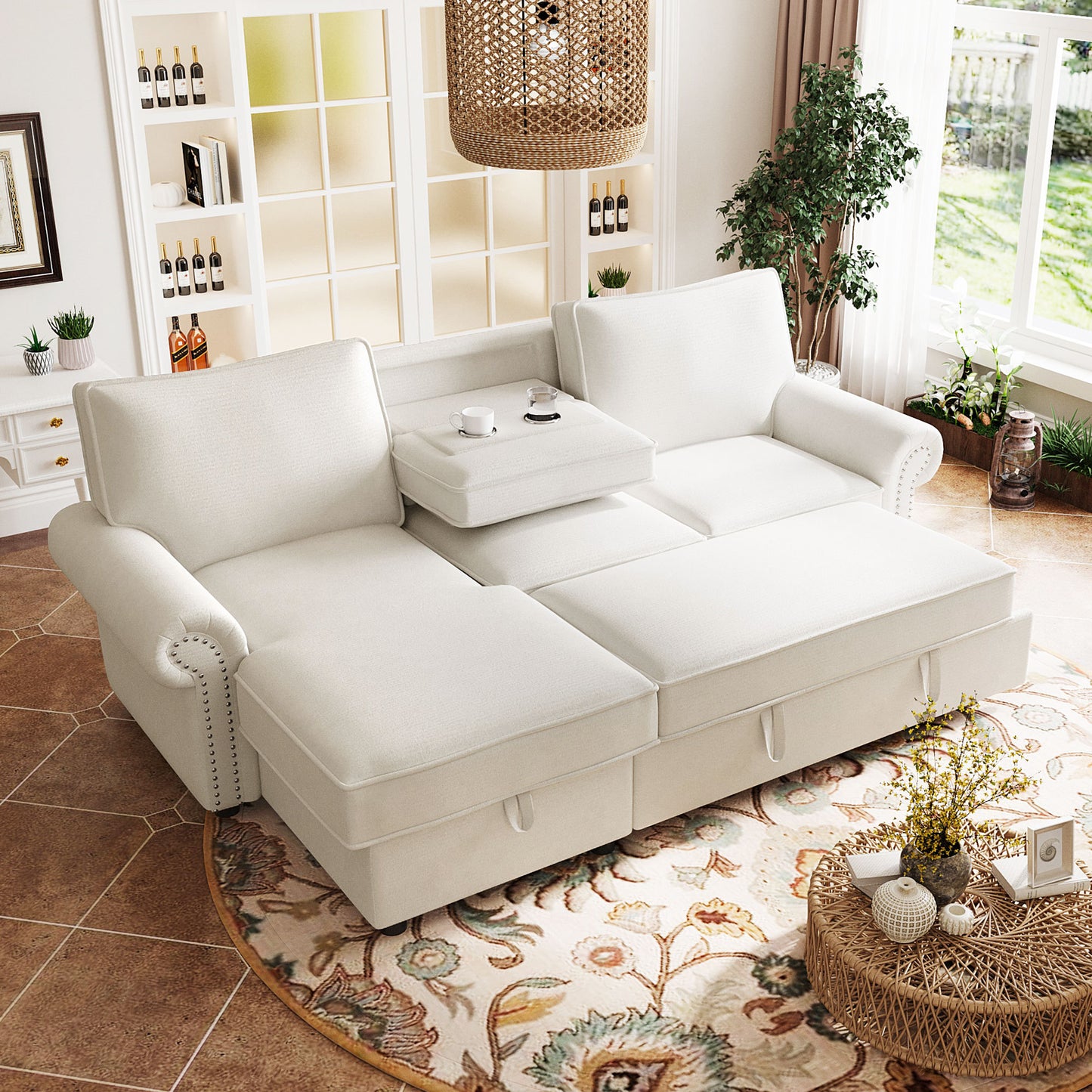 95' Convertible Sectional Sleeper Sofa with Storage Chaise ,2 Cup Holder