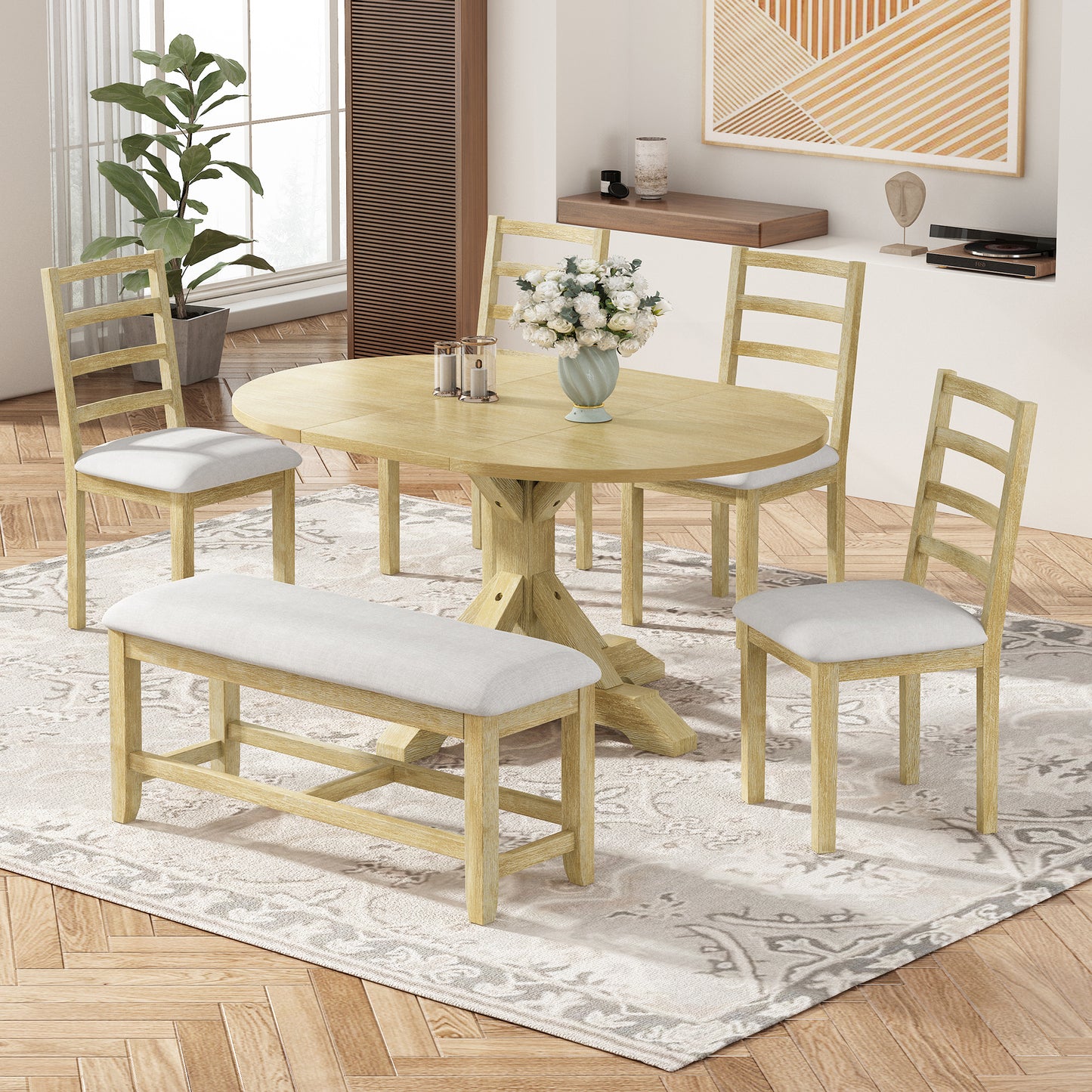 Farmhouse 6-Piece 60inch Extendable Pedestal Dining Table Set with 18inch Removable Leaf, 44inch Bench and 4 Ladder Back