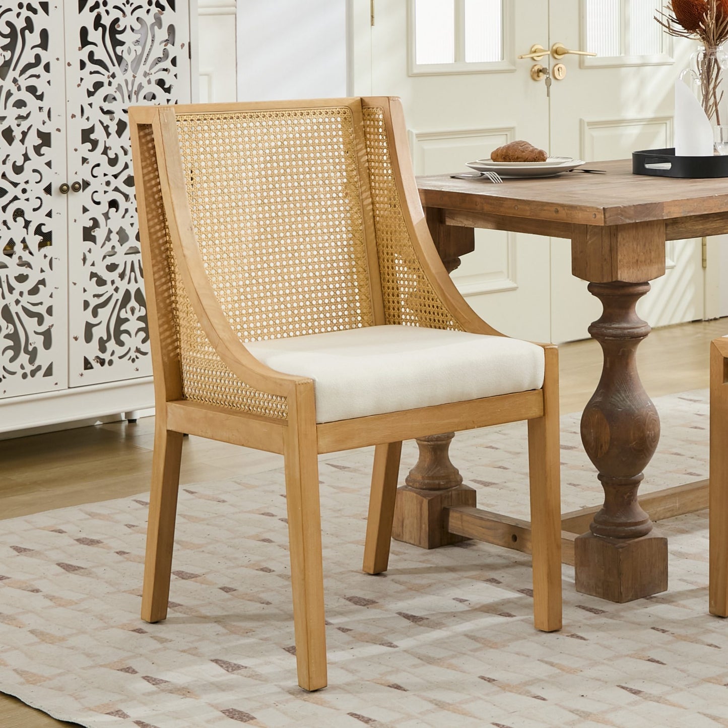 Rattan Dining Chairs, Solid Wood Frame with Decorative Armrests, Linen Upholstered Seat, Rustic