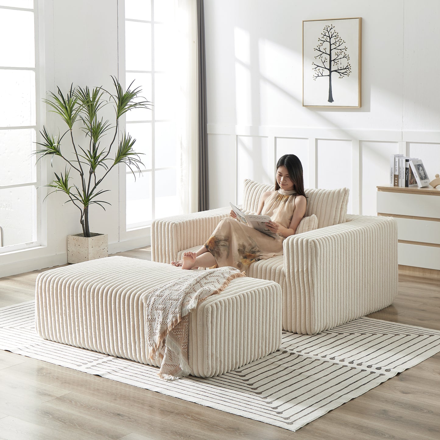 75-Inch Corduroy Sponge Sofa Lounge Chair with Removable footrest,No Assembly Required,Fluffy Modern Sleeper Chair for Indoor Living Room Bedroom