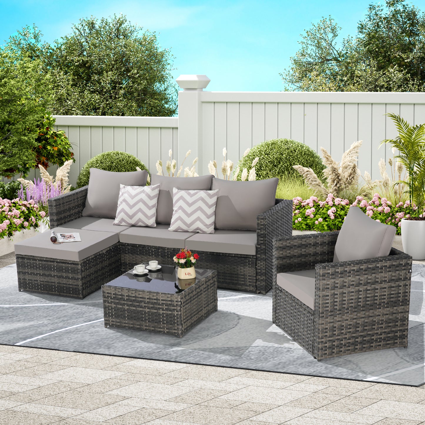 3 Piece Outdoor L-Shaped Patio Sectional Set – Wicker Conversation Sofa with Cushions & Table, Garden Rattan Furniture
