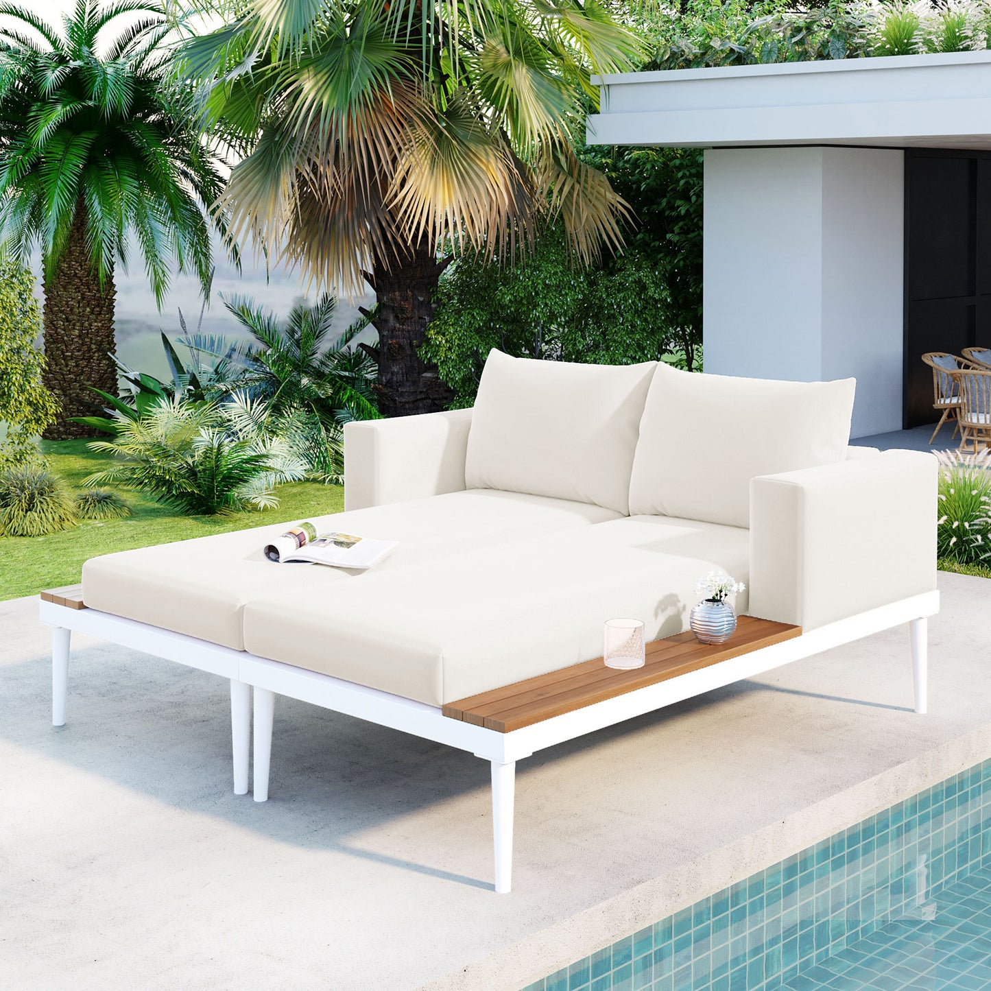 Modern Outdoor Daybed Patio Metal Daybed with Wood Topped Side Spaces for Drinks, 2 in 1 Padded Chaise Lounges for Pools