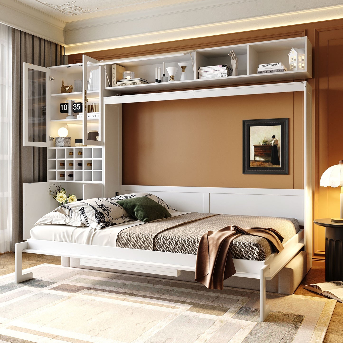 Queen Size Murphy Bed Wall Bed with Sofa, Shelves USB & Light
