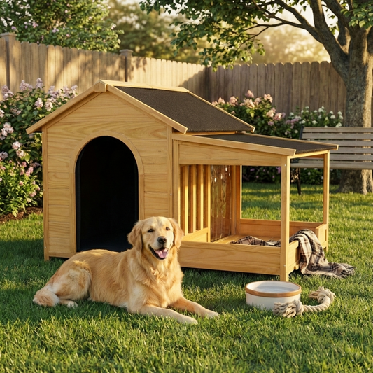 Large Outdoor Dog House with Pine Wood Frame, Insulated Liner, Porch, Asphalt Roof, and Raised Floor