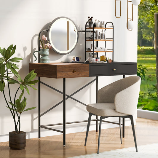 40" Makeup Vanity Desk with 3-Mode Lighted Mirror & Wireless Charging Station , Vanity Table with Drawer & 3 Open Shelves for Ample Storage Space, Dressing Table for Bedroom, Black