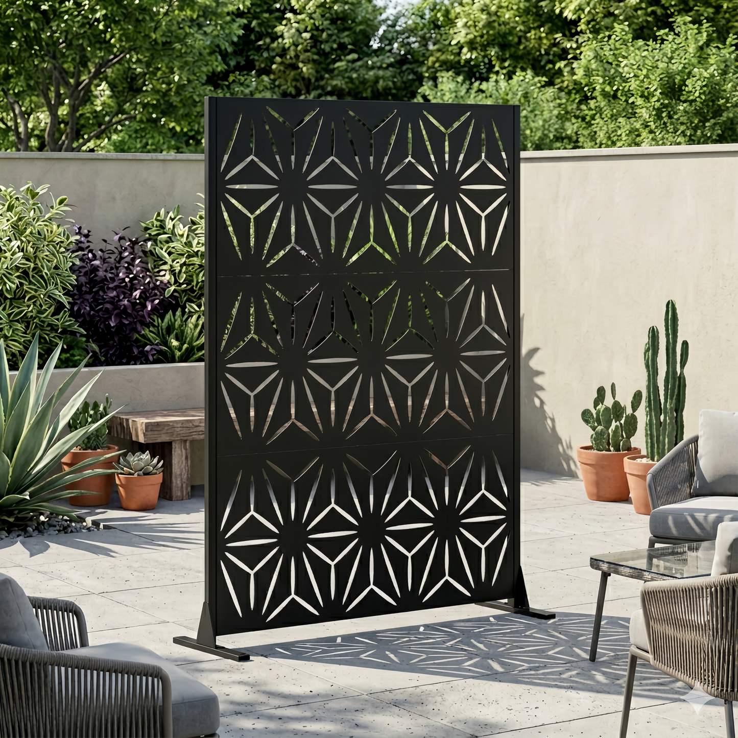Metal Privacy Screen for Outdoor Freestanding, Decorative Metal Fence Panels with Stable Base, Portable Divider