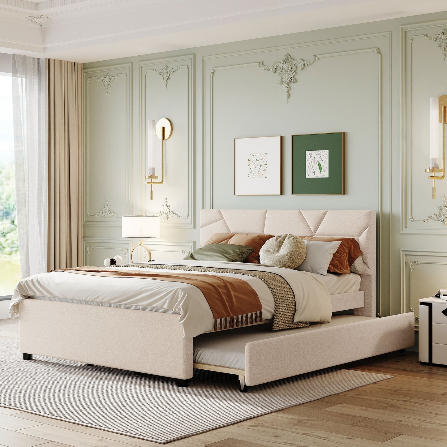 Queen Size Upholstered Platform Bed with Brick Pattern Headboard and Twin XL Size Trundle,