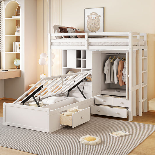 Bunk Bed, Twin Size, MDF and LVL with Drawers, Hydraulic Lift Storage, and Shelves for Shared Bedroom or Guest Room