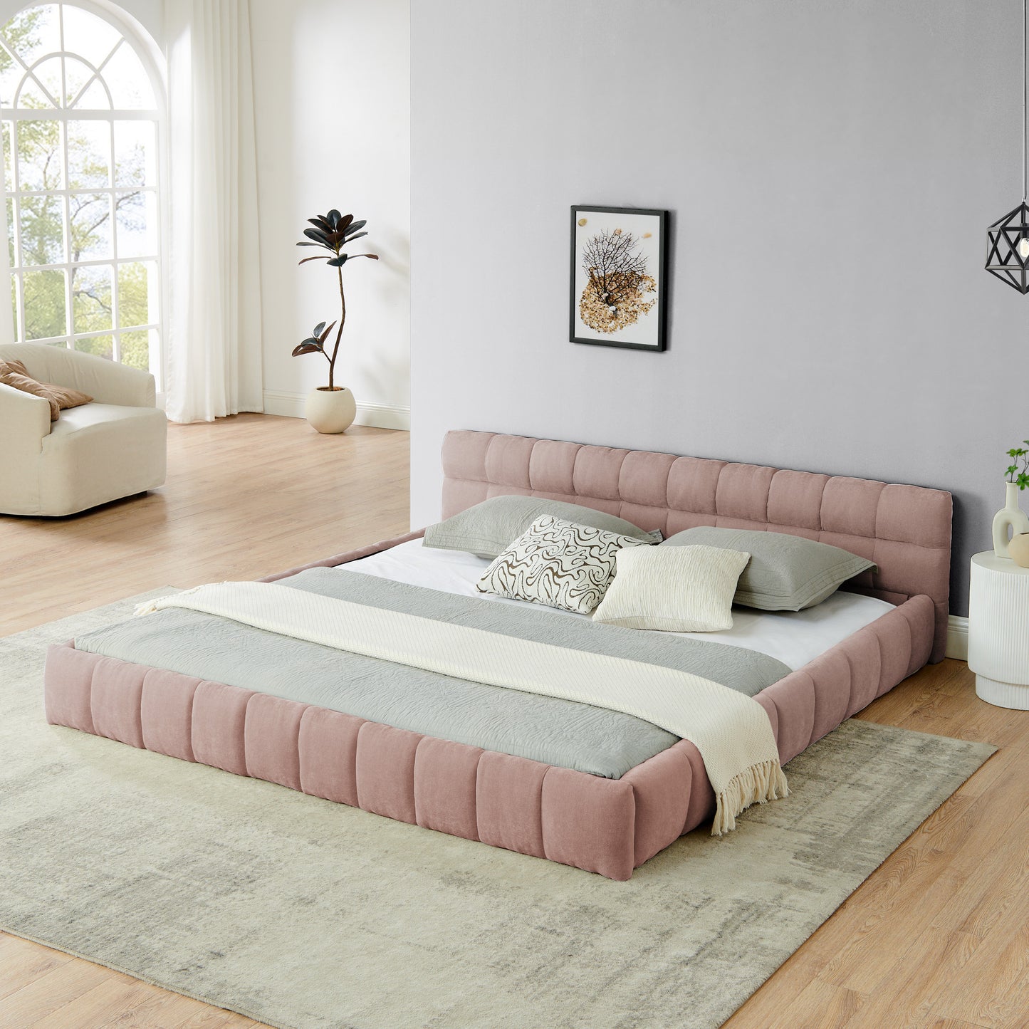 Upholstered Bed Frame with Thick Chenille Fabric, Grounded Platform Bed with Headboard and