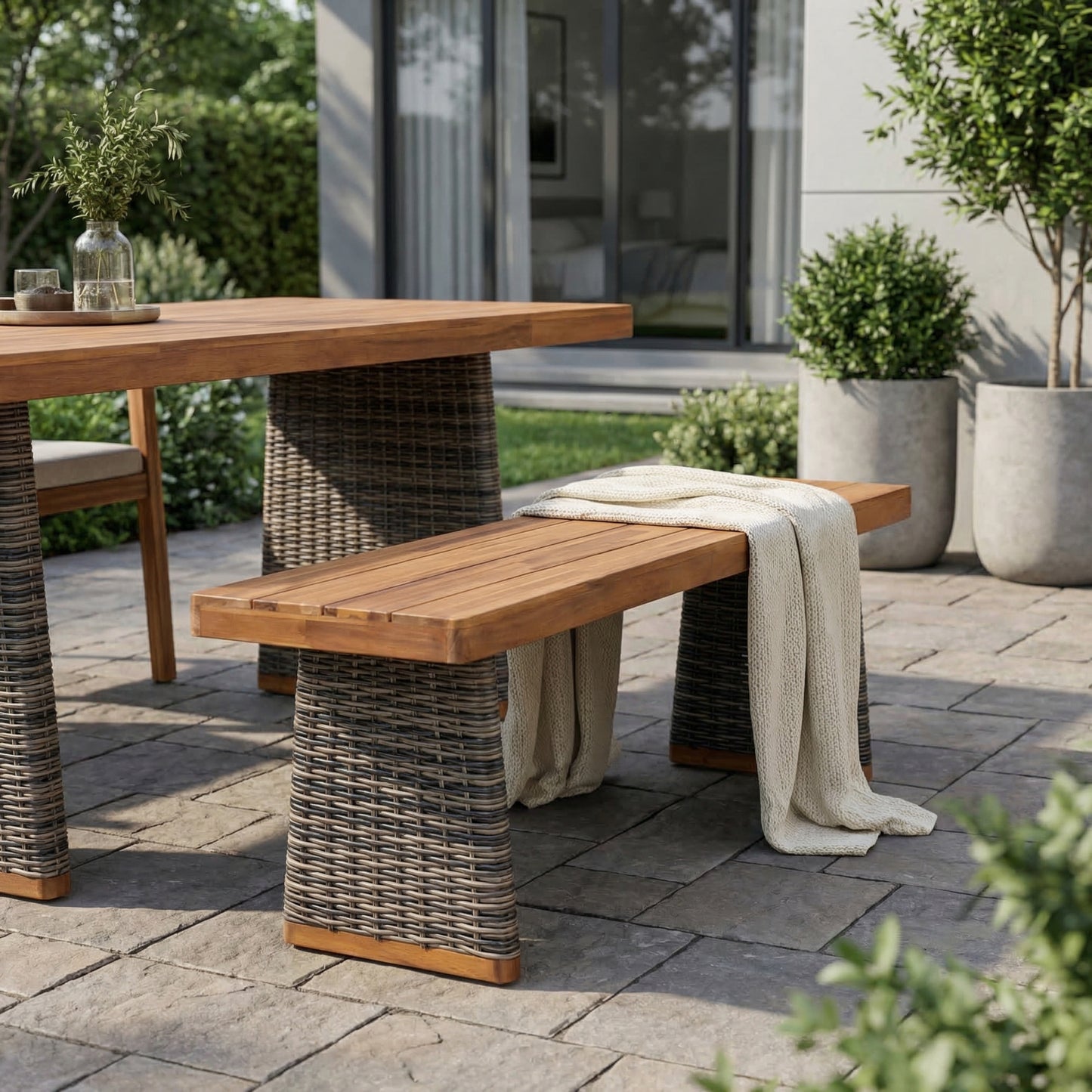 Outdoor Acacia Wood Bench with Handwoven Rattan Legs – Patio Dining Bench with Slat Panel Design