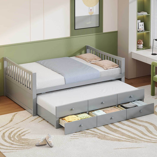 Daybed, Twin Size, Solid Wood with Trundle and Drawers for Bedroom or Living Room