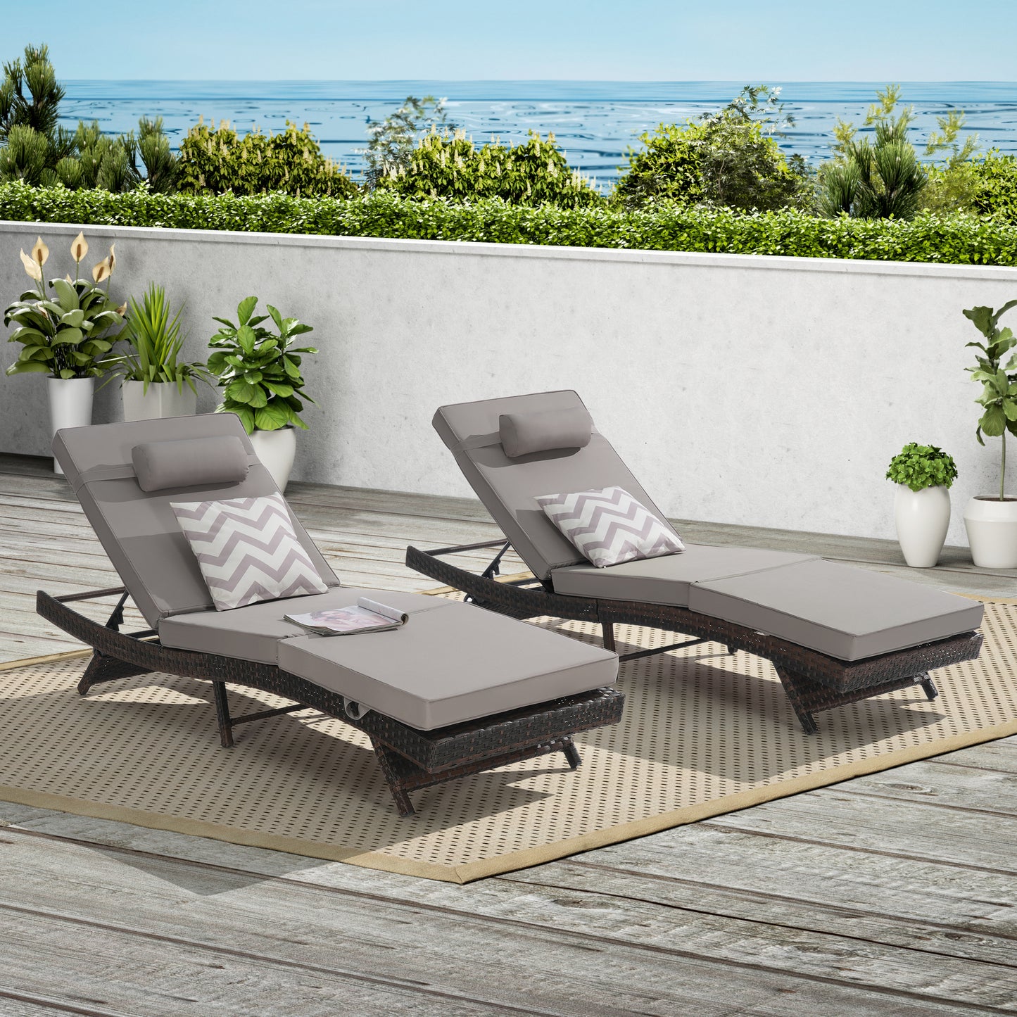 Outdoor Wicker Reclining Lounge Chair Set – Set of 2 Adjustable Patio Chaise Loungers, Rattan Poolside Chairs