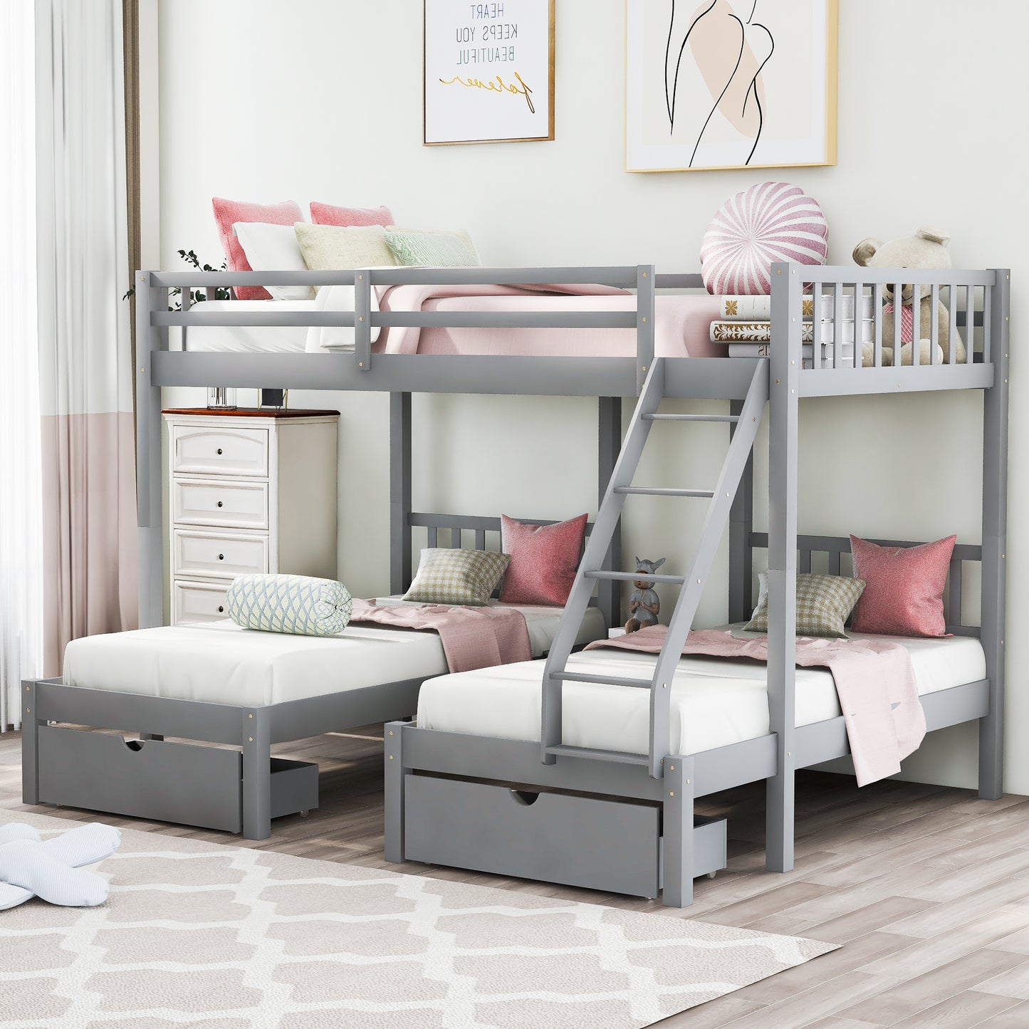 Full Over Twin & Twin Bunk Bed, Wood Triple Bunk Bed with Drawers and Guardrails, Gray