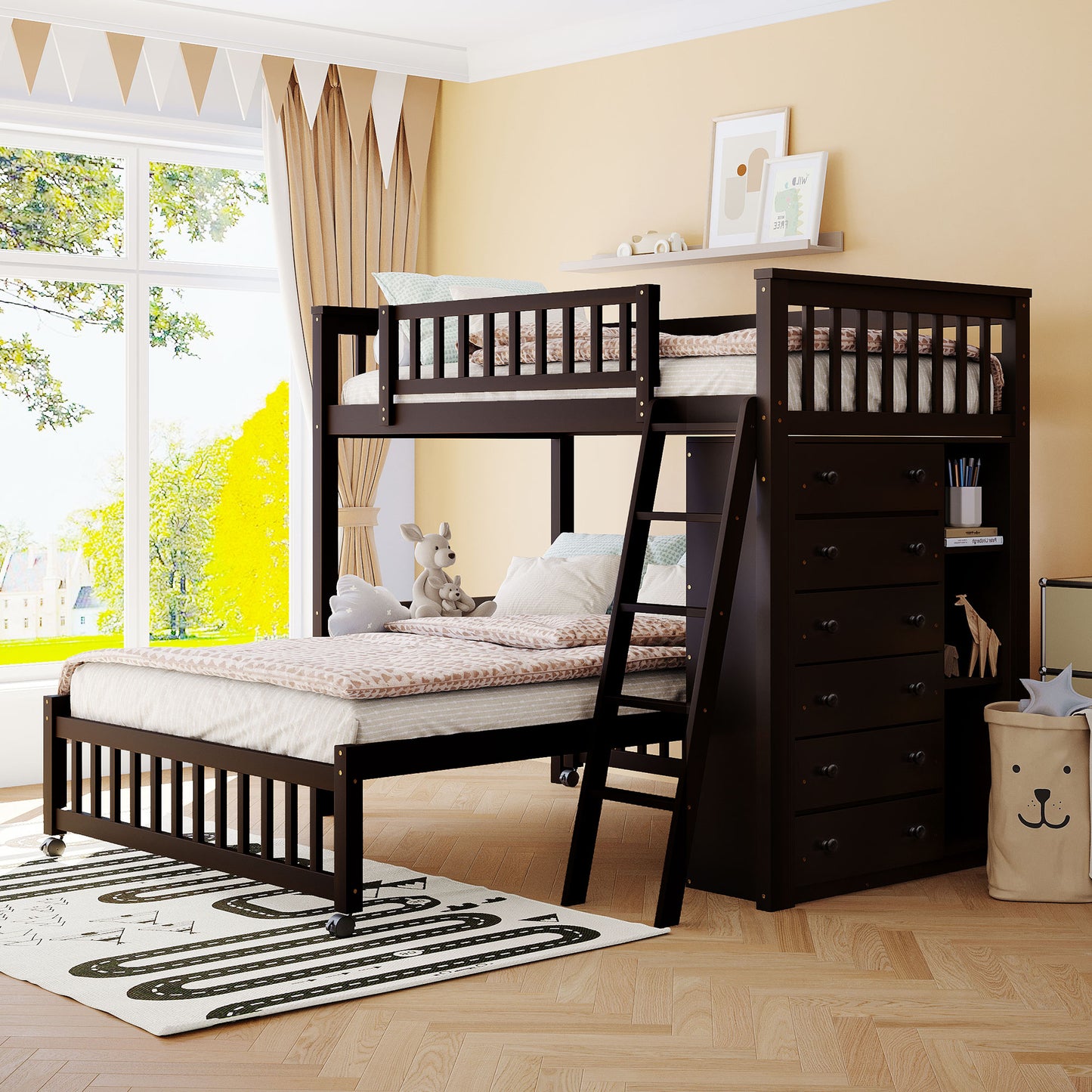 Wooden Twin Over Full Bunk Bed with Six Drawers and Flexible Shelves, Bottom Bed with Wheels