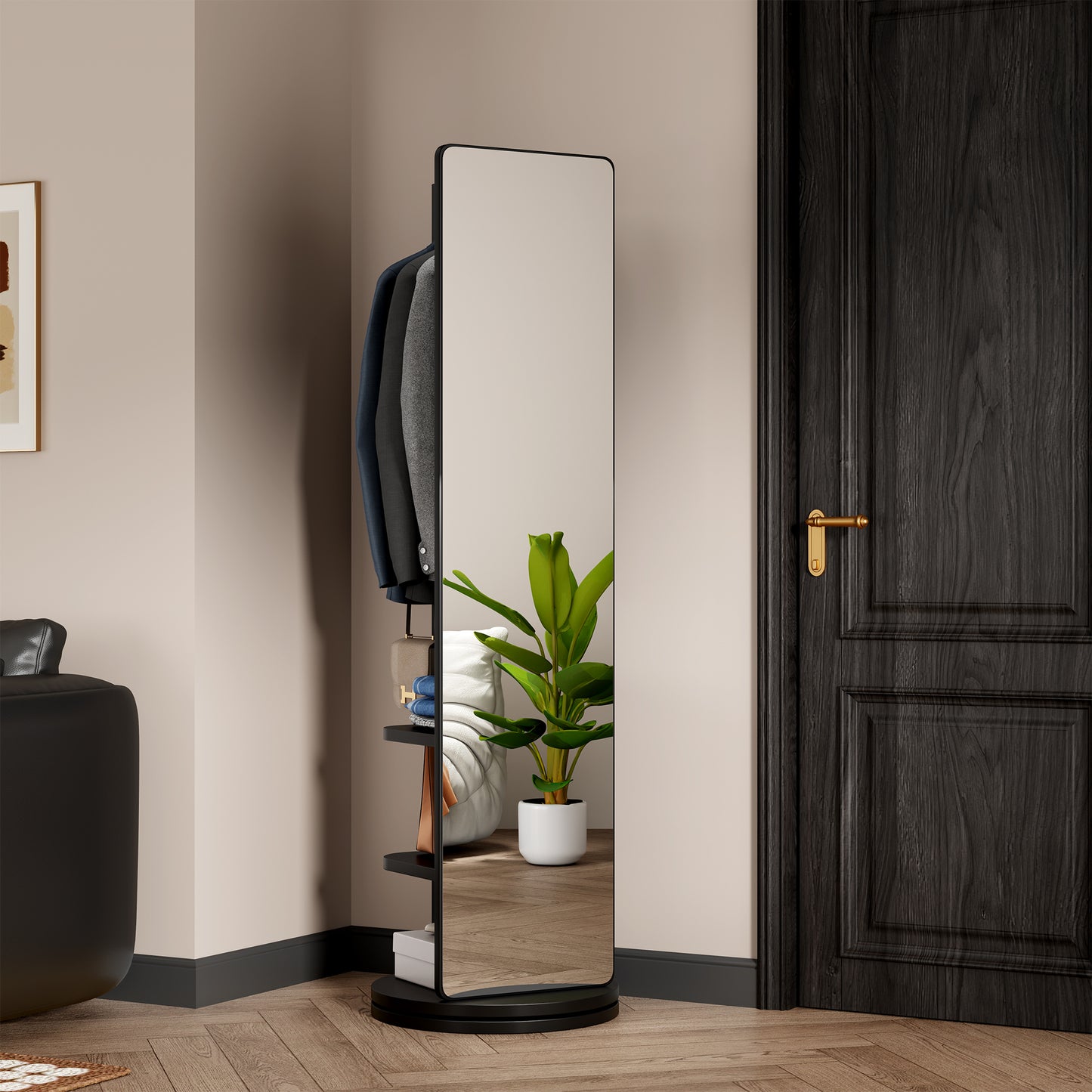 360° Rotating Full Length Mirror – 69"x16" Standing Mirror with Storage, Hooks & Solid Wood Frame