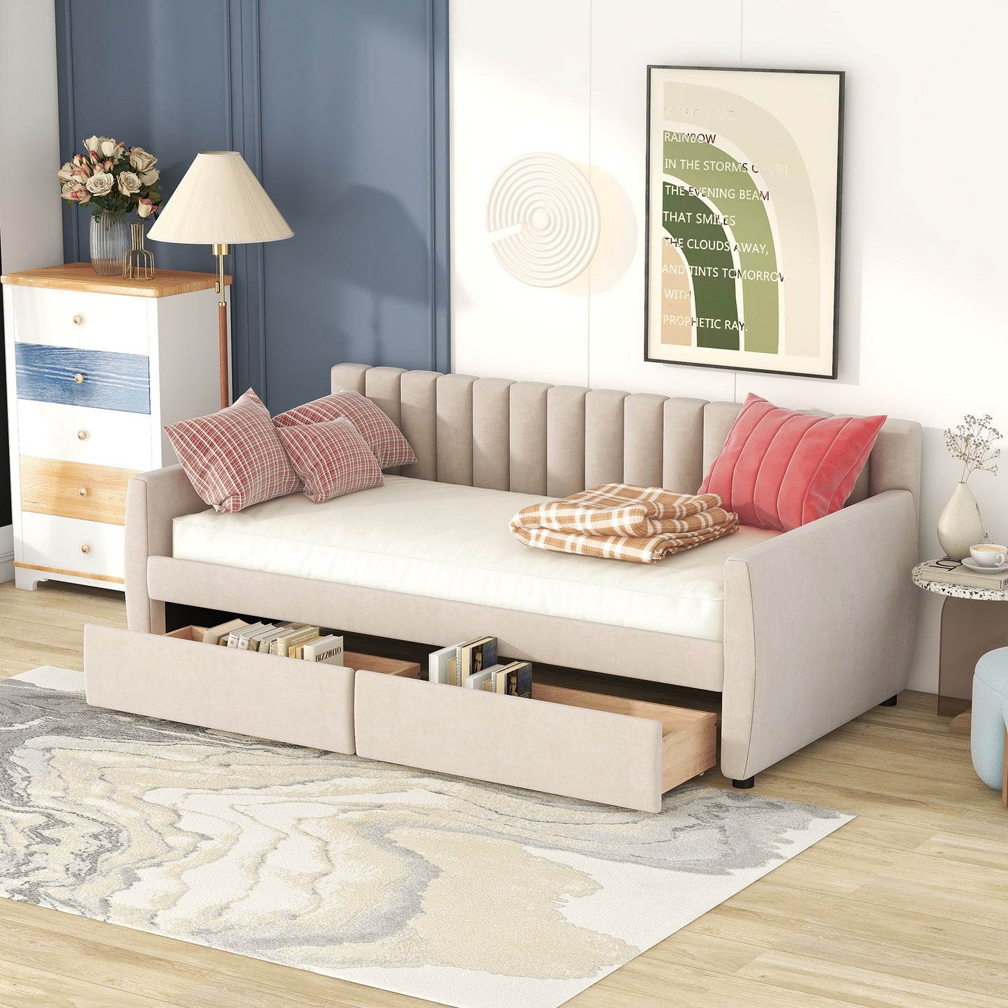 Twin Size Upholstered Daybed with Drawers, Wood Slat Support