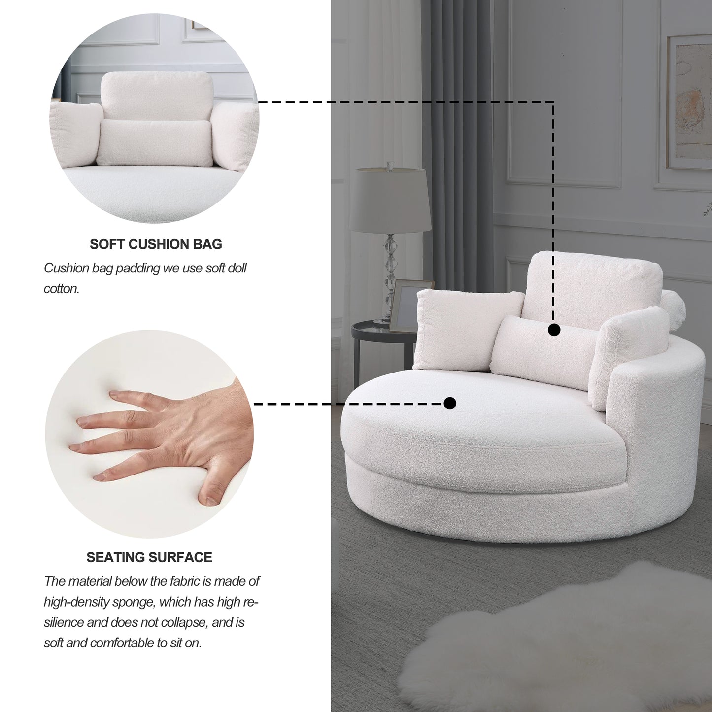 Swivel Accent Barrel Modern Sofa Lounge Club Big Round Chair with Storage Ottoman Linen Fabric for Living Room Hotel with Pillows,Teddy White (Ivory)