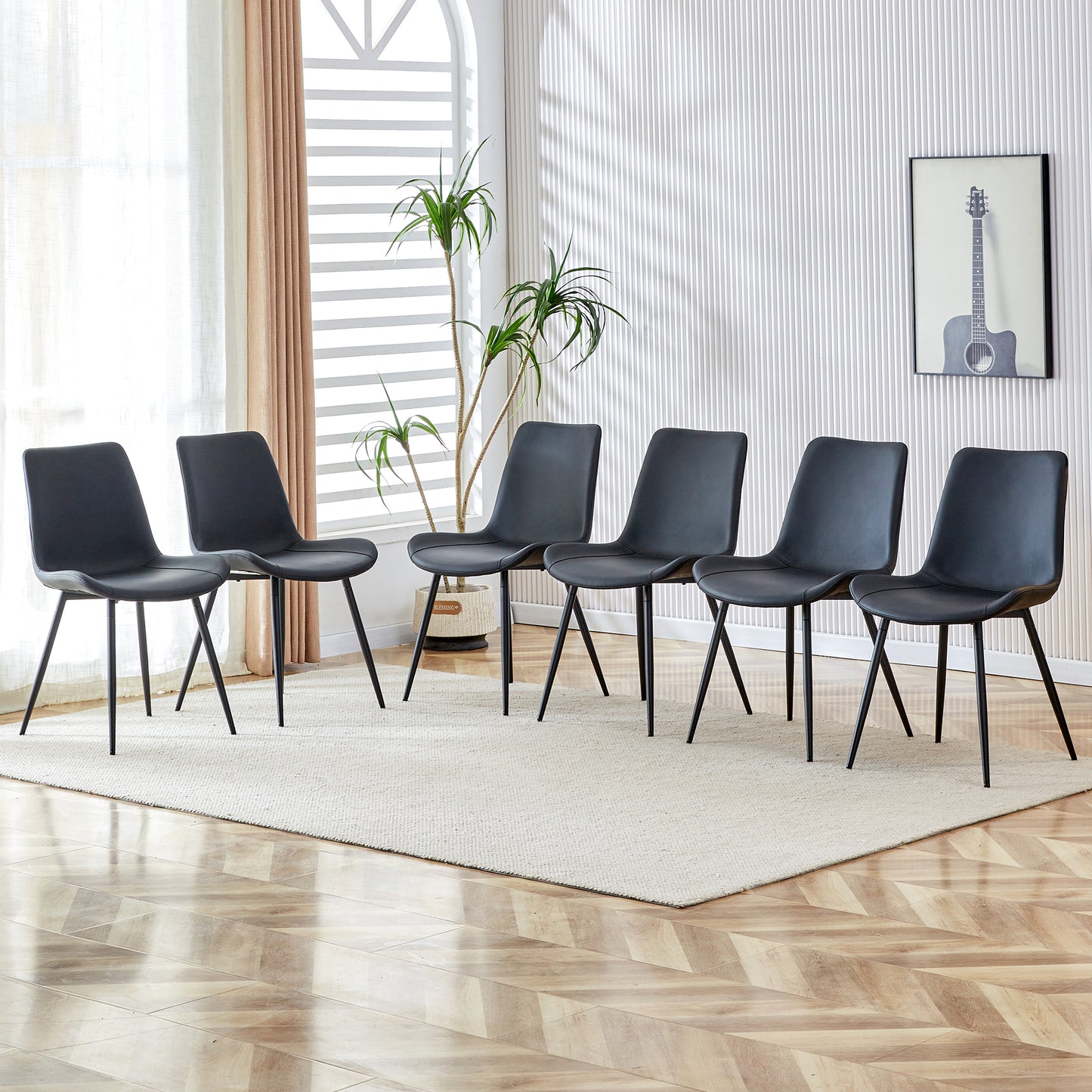 Modern Dining Chair – Upholstered Curved Seat Chair with Backrest Cushion & Black Metal Legs